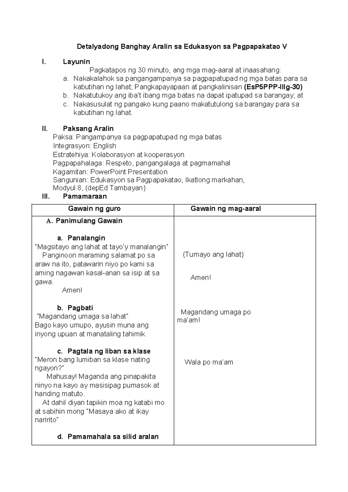 LP ESP - Esp - Detalyadong Banghay Aralin Sa Edukasyon Sa Pagpapakatao ...