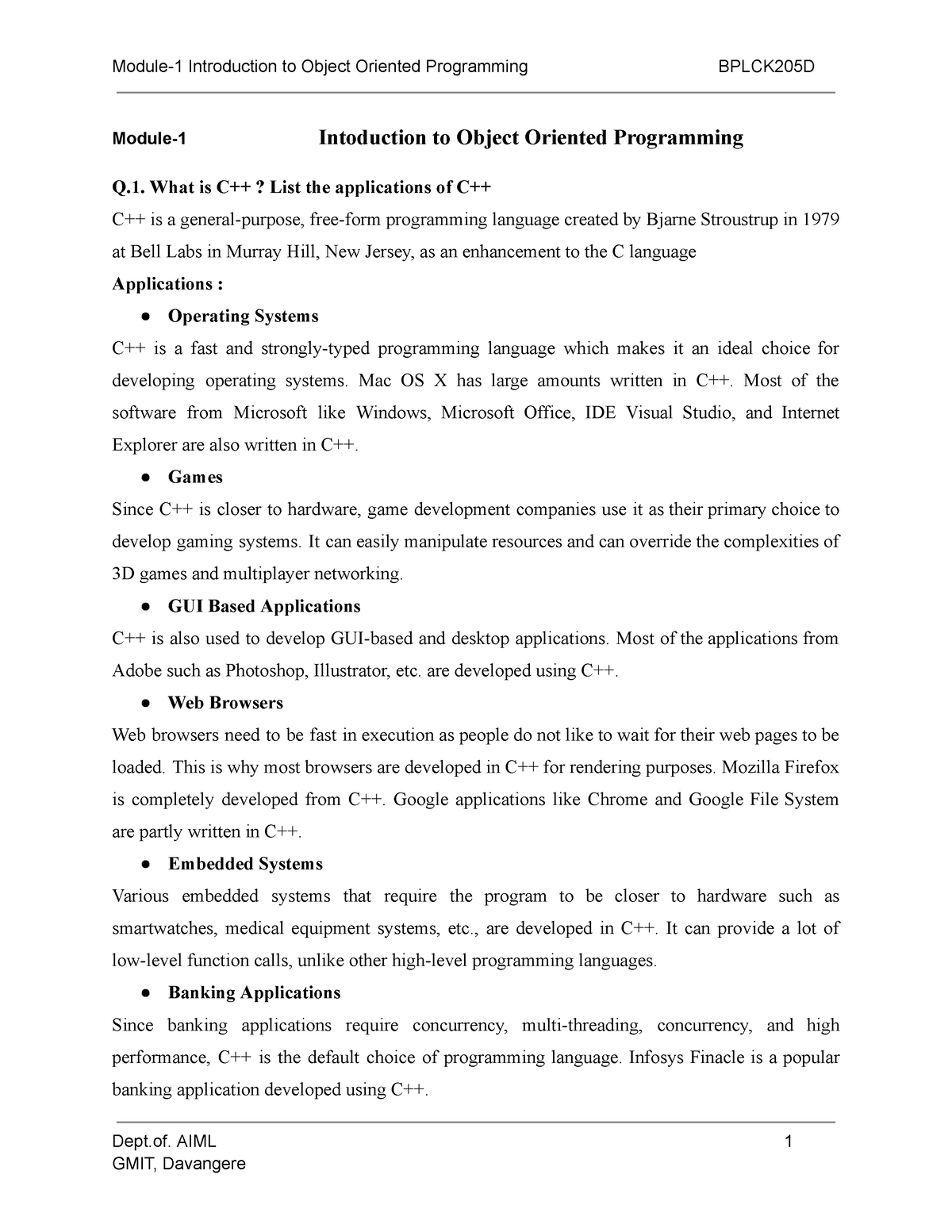 Bplck 205D Module-1-Introduction To C++ - Module-1 Intoduction To ...