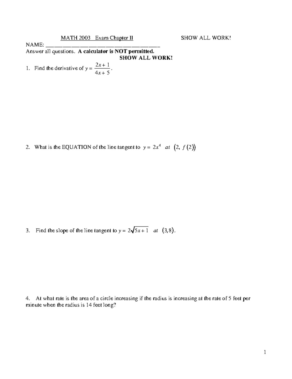 2003 Test II Chapter 2 (1)(2) - MATH 2003 Exam Chapter II SHOW ALL WORK ...