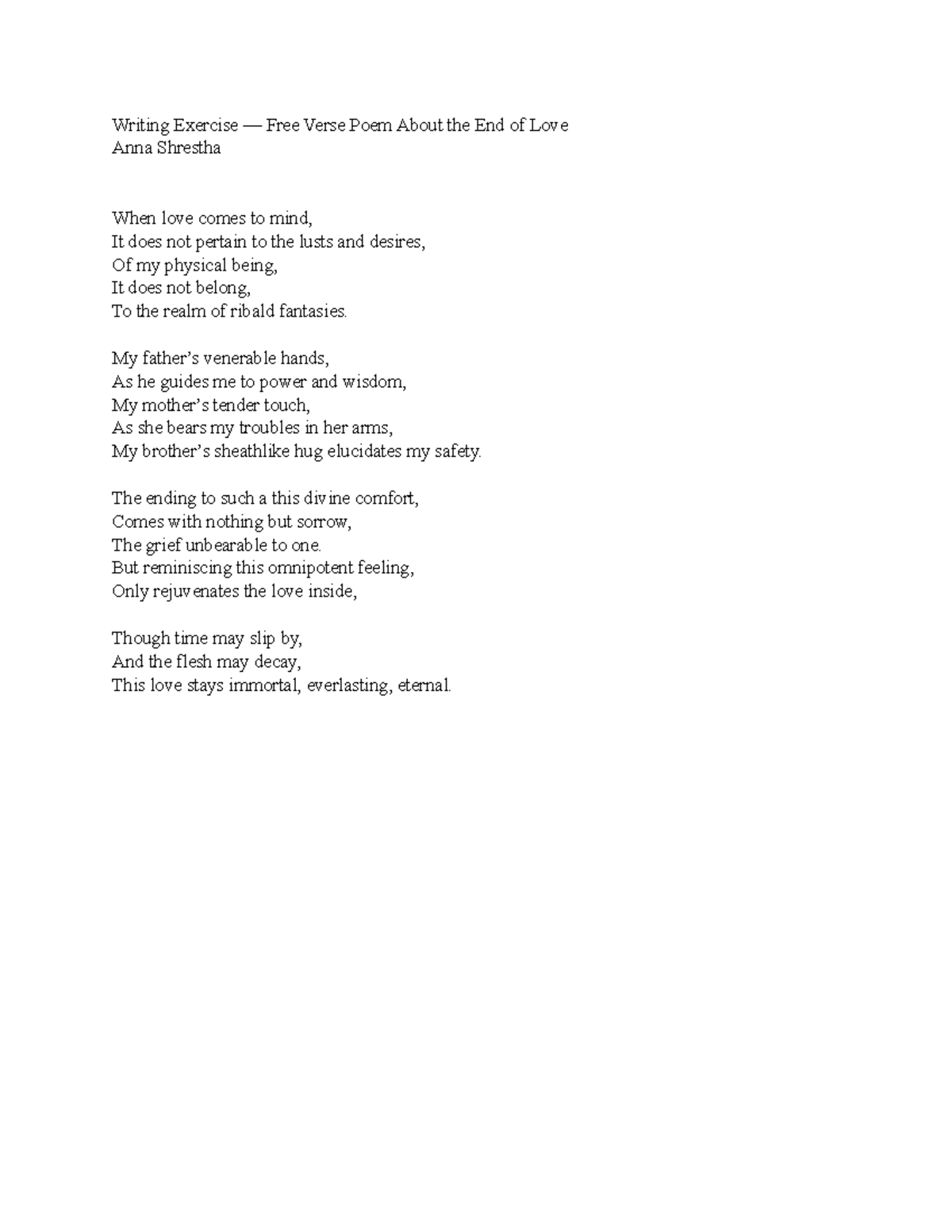 Writing Exercise — Free Verse Poem About the End of Love - My father’s ...