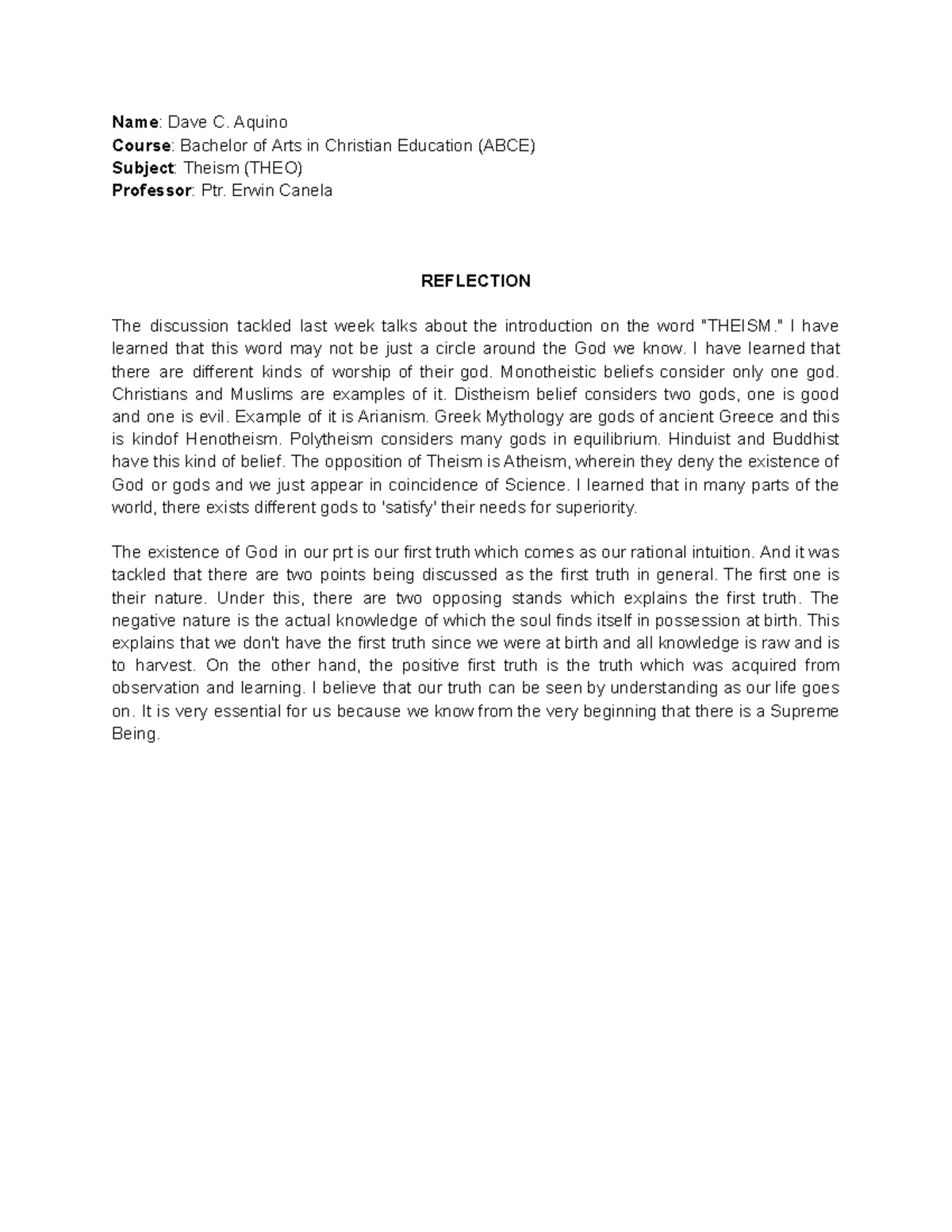 Theism. Discussion of introduction to the subject. - Name: Dave C ...