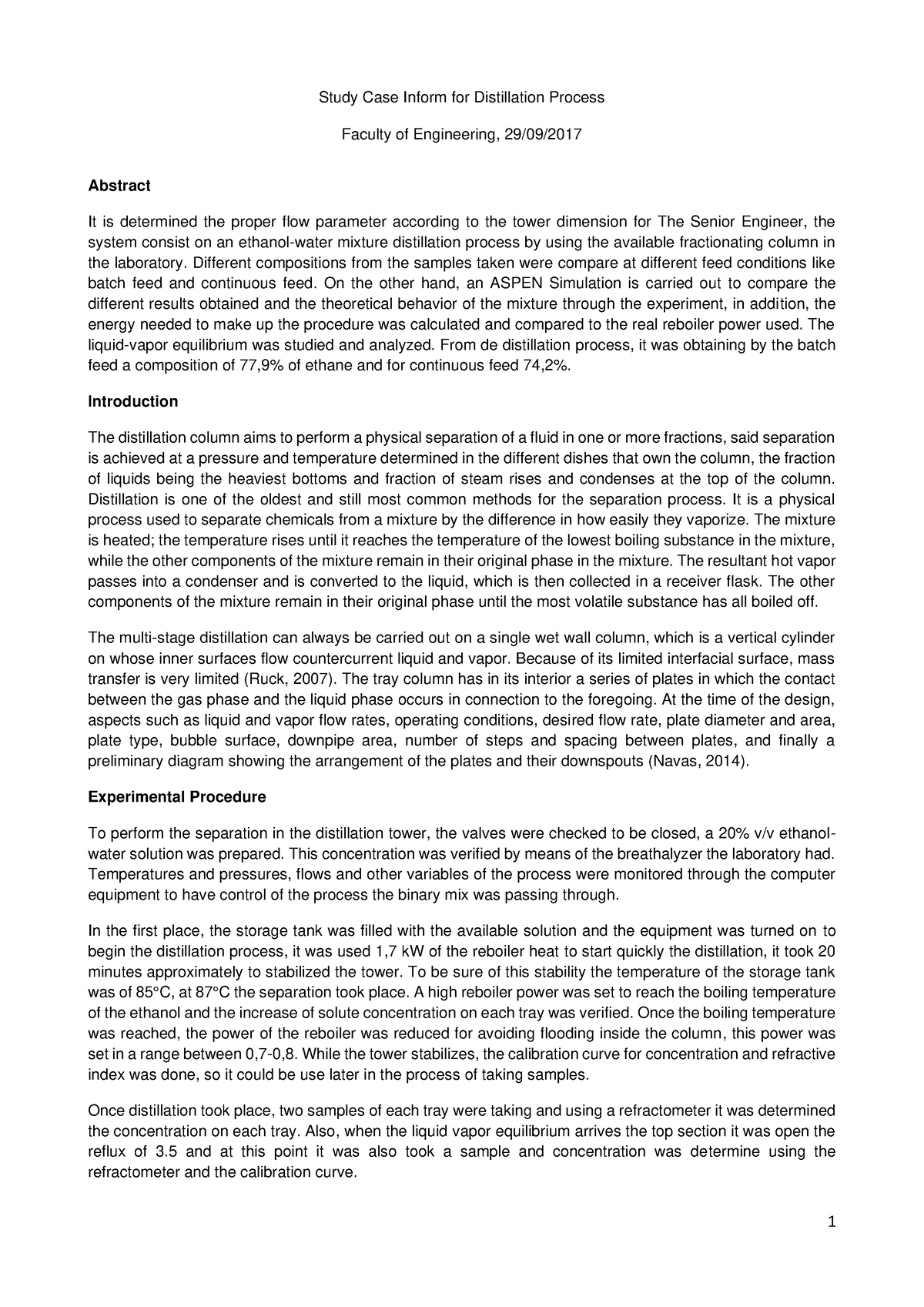 Informe destilacion - Study Case Inform for Distillation Process ...