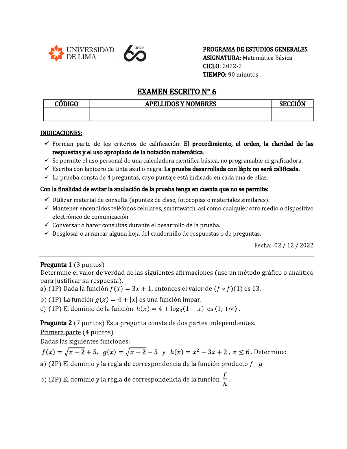 EE6 De MB (2022-2) VI (09-11) EAG-VC - EXAMEN ESCRITO N° 6 CÓDIGO ...