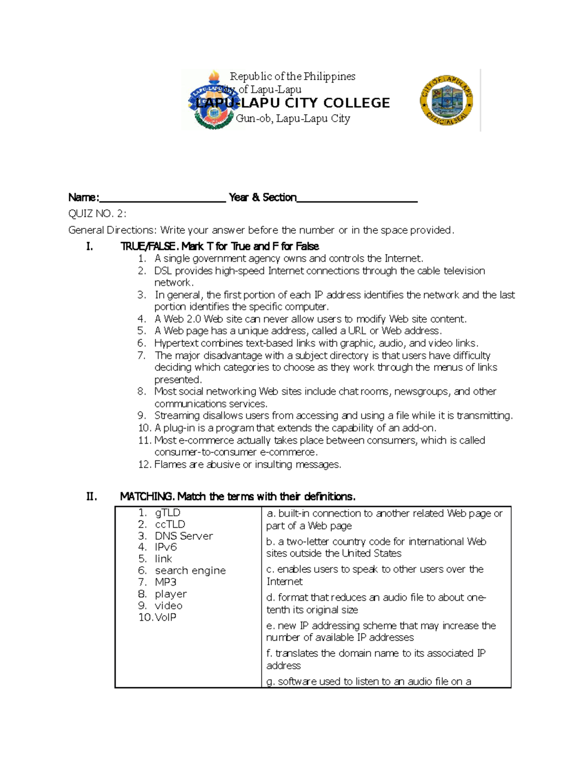 Quiz no Use as reference Republic of the Philippines City of Lapu