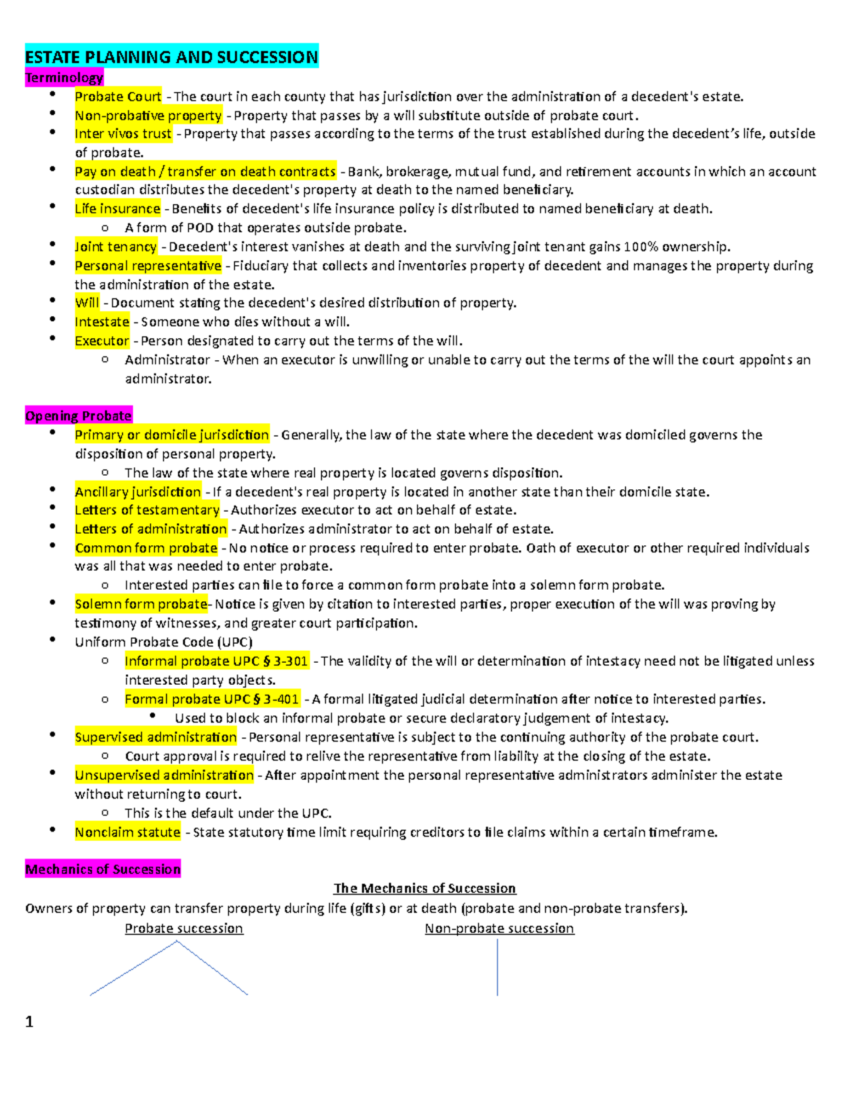 Study Notes Outline - ESTATE PLANNING AND SUCCESSION Terminology ...