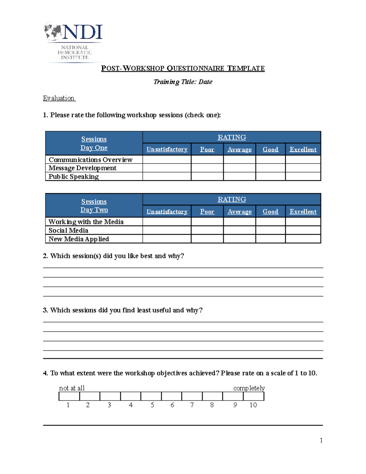 Post-Workshop-Questionnaire - P OST-WORKSHOP QUESTIONNAIRE TEMPLATE ...