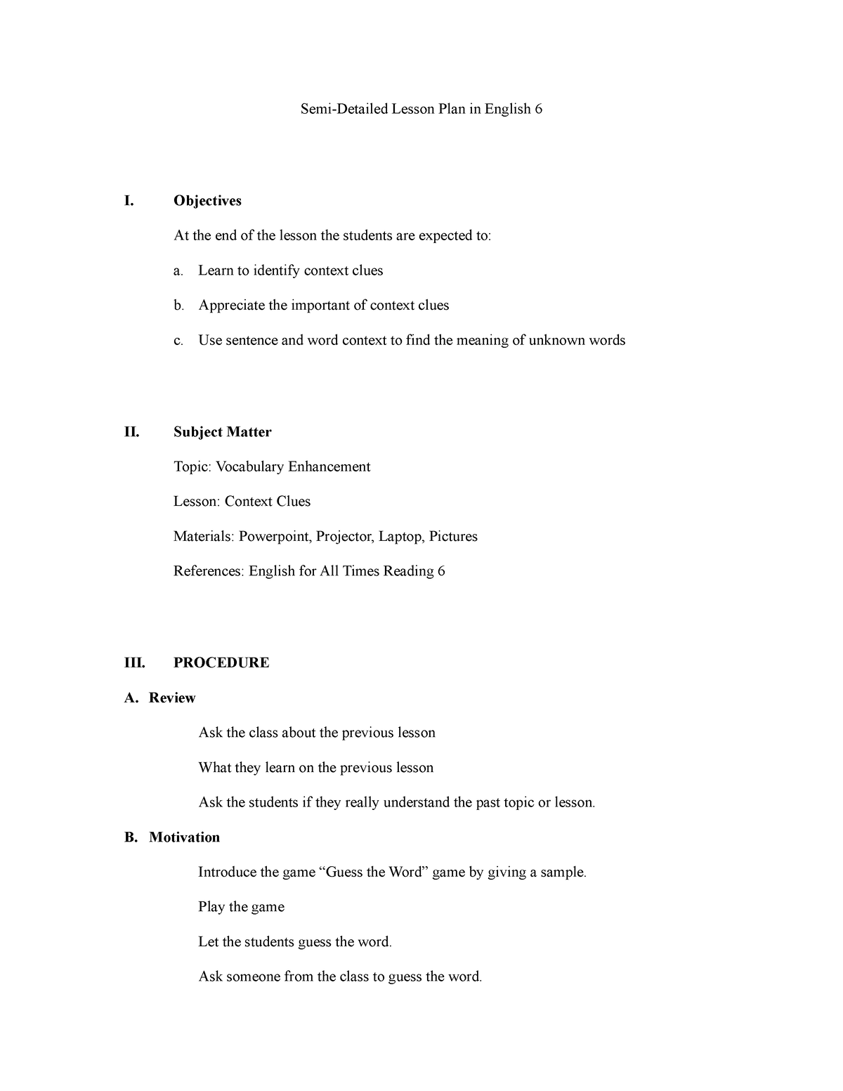 Escamillas - Semi-Detailed LP - Semi-Detailed Lesson Plan in English 6 ...