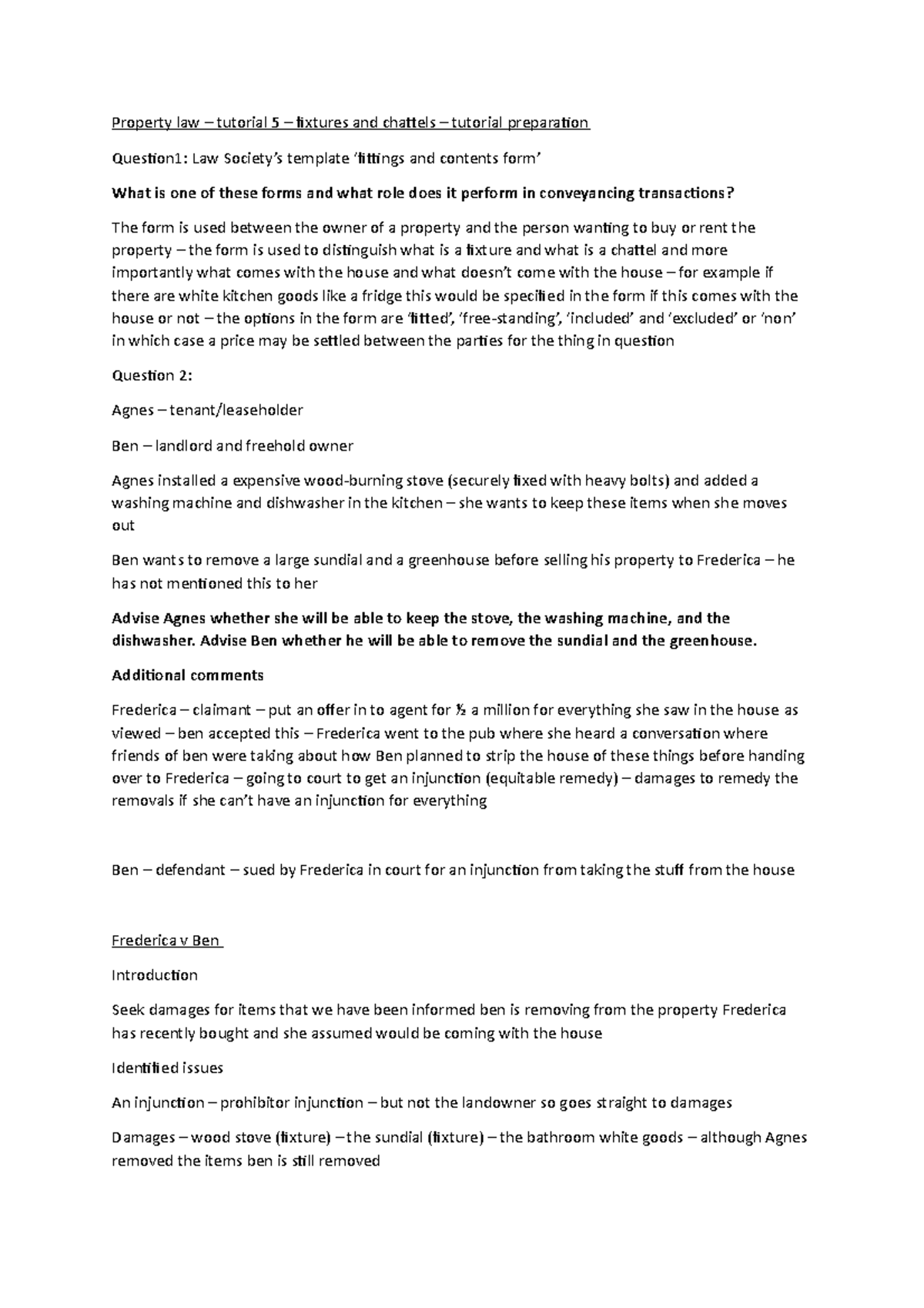 Tutorial 5 tutorial prep Property law tutorial 5 fixtures and