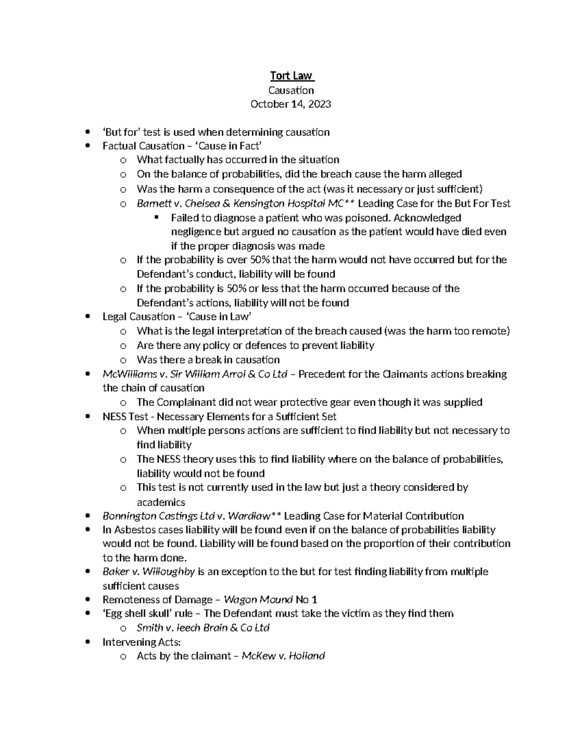 Tort Law - Causation - Tort Law Causation October 14, 2023 ‘But for ...