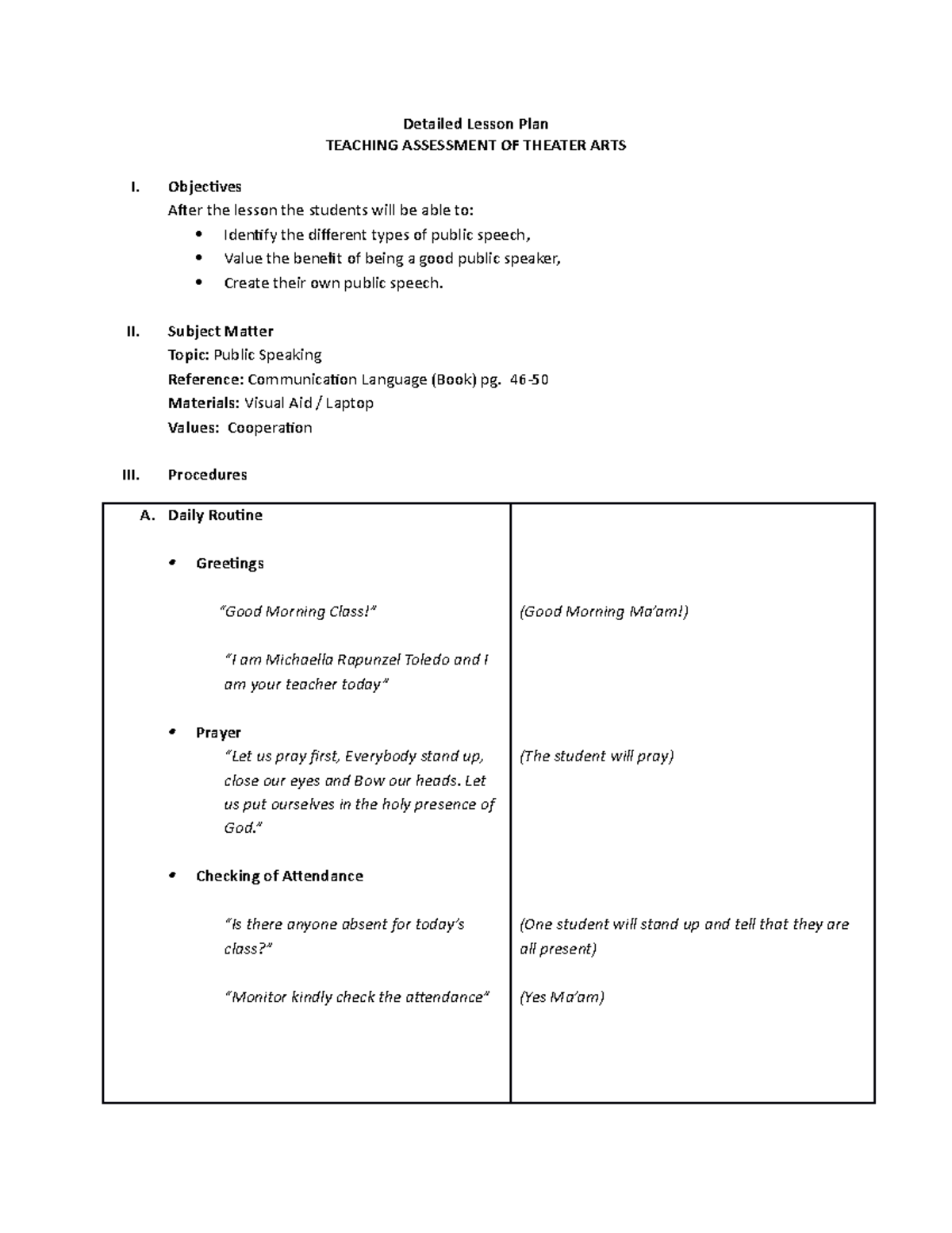 Detailed Lesson Plan gmrc - Detailed Lesson Plan TEACHING ASSESSMENT OF ...