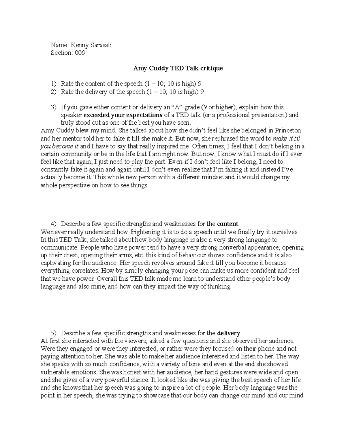 TED talk critique sheet - Name: Kenny Sarasati Section: 009 Amy Cuddy ...