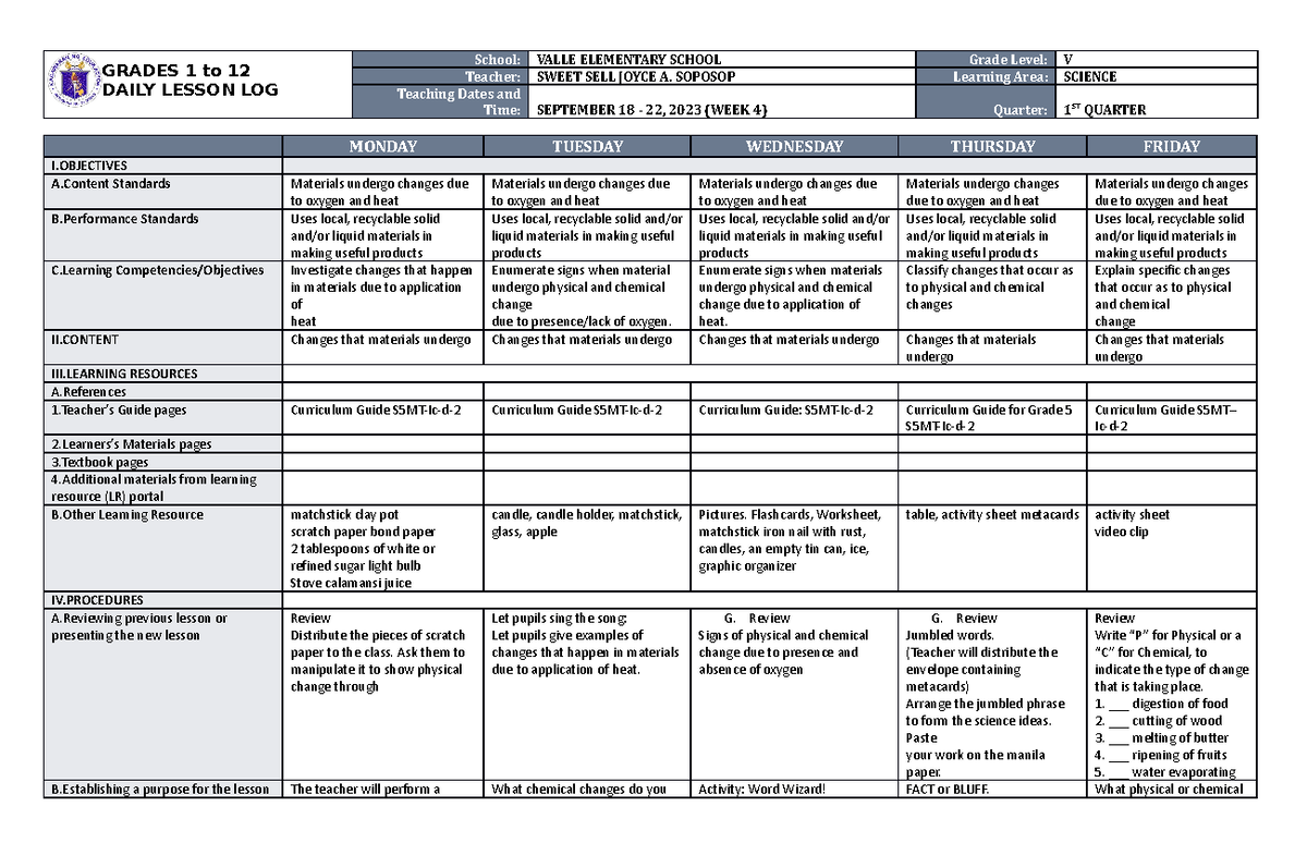 DLL Science 5 Q1 W4 - lesson - GRADES 1 to 12 DAILY LESSON LOG School ...