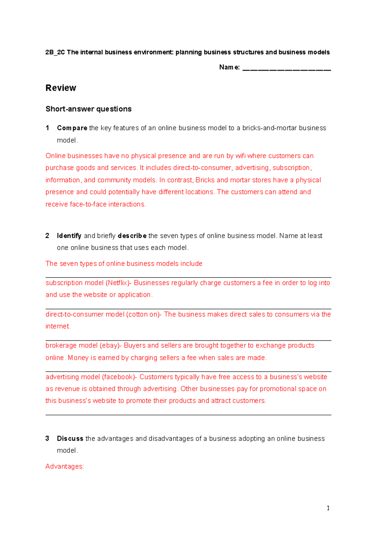 2B 2C revision worksheet - Name: _______________________ Review Short ...