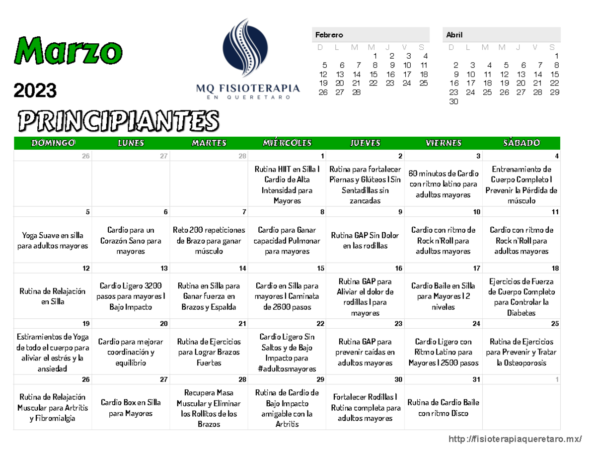 Calendario Principiantes Marzo 2023 mariana quevedo fisioterapia