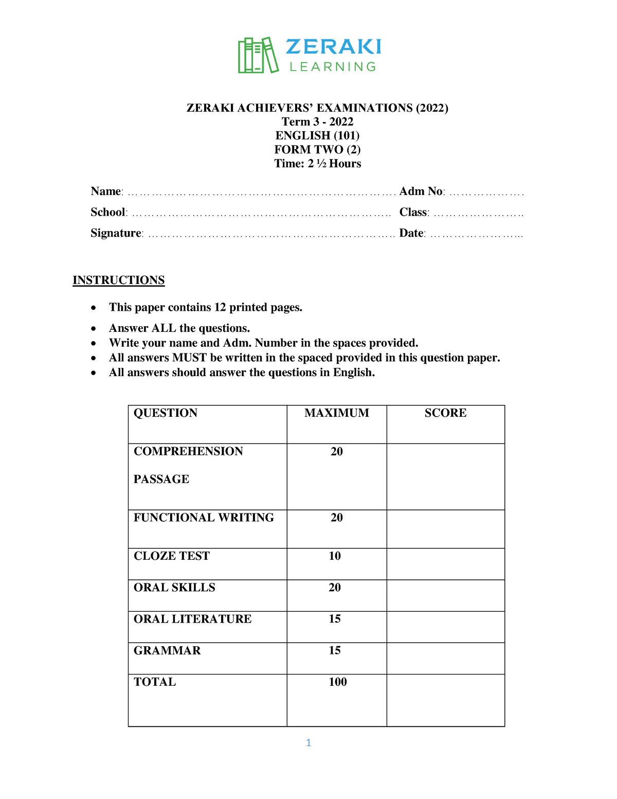 zeraki assignments download form 2