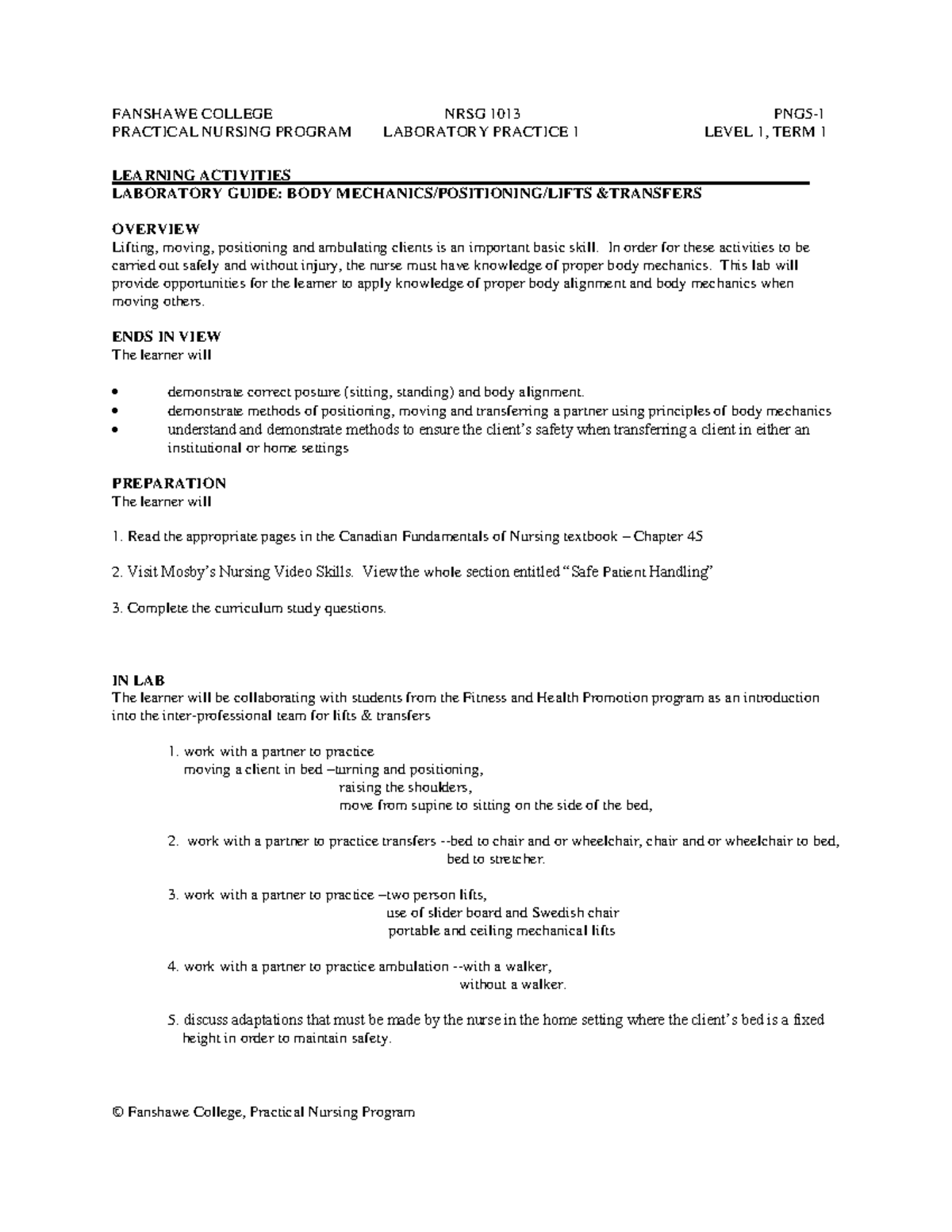 Body Mechanics Positioning Lifts & Transfers FANSHAWE COLLEGE