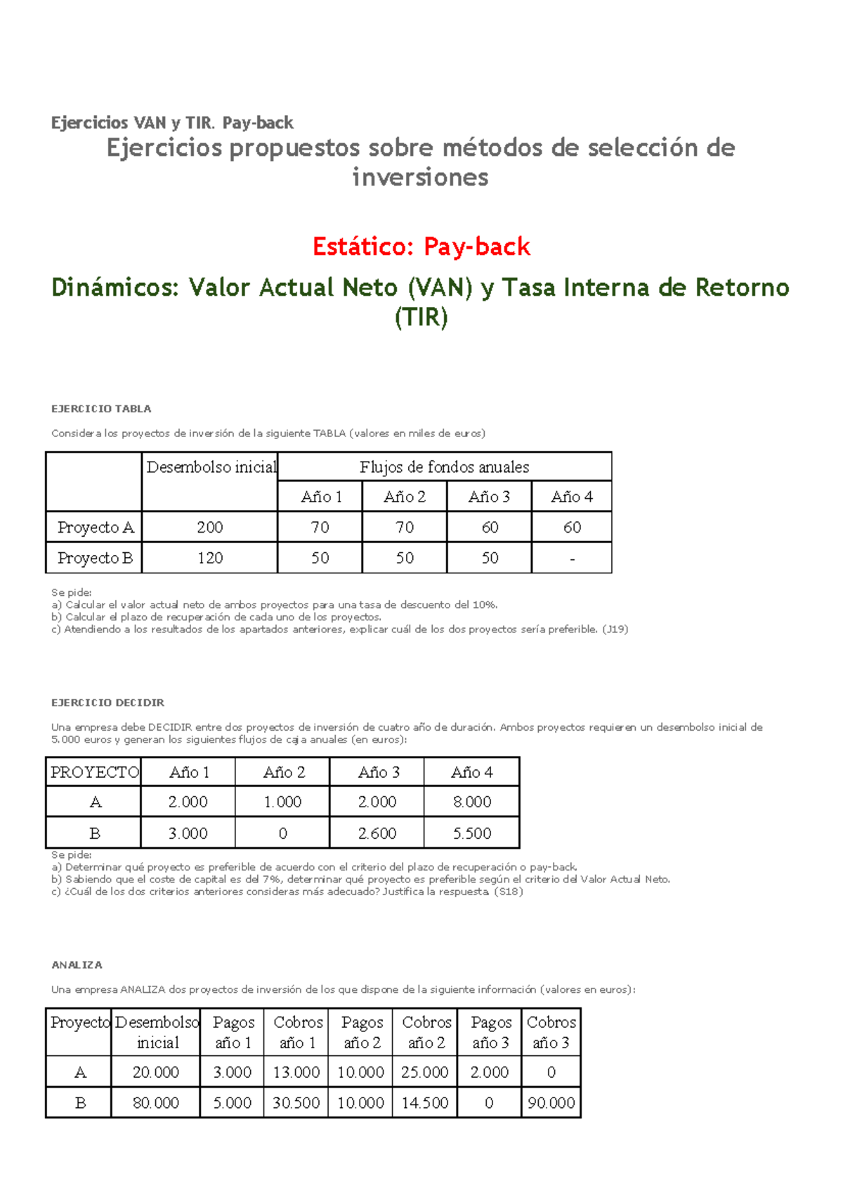 Ejercicios VAN Y TIR - Pay-back Ejercicios Propuestos Sobre Métodos De ...