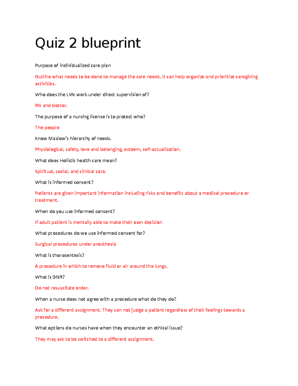 Quiz 2 blueprint Quiz 2 blueprint Purpose of individualized care plan