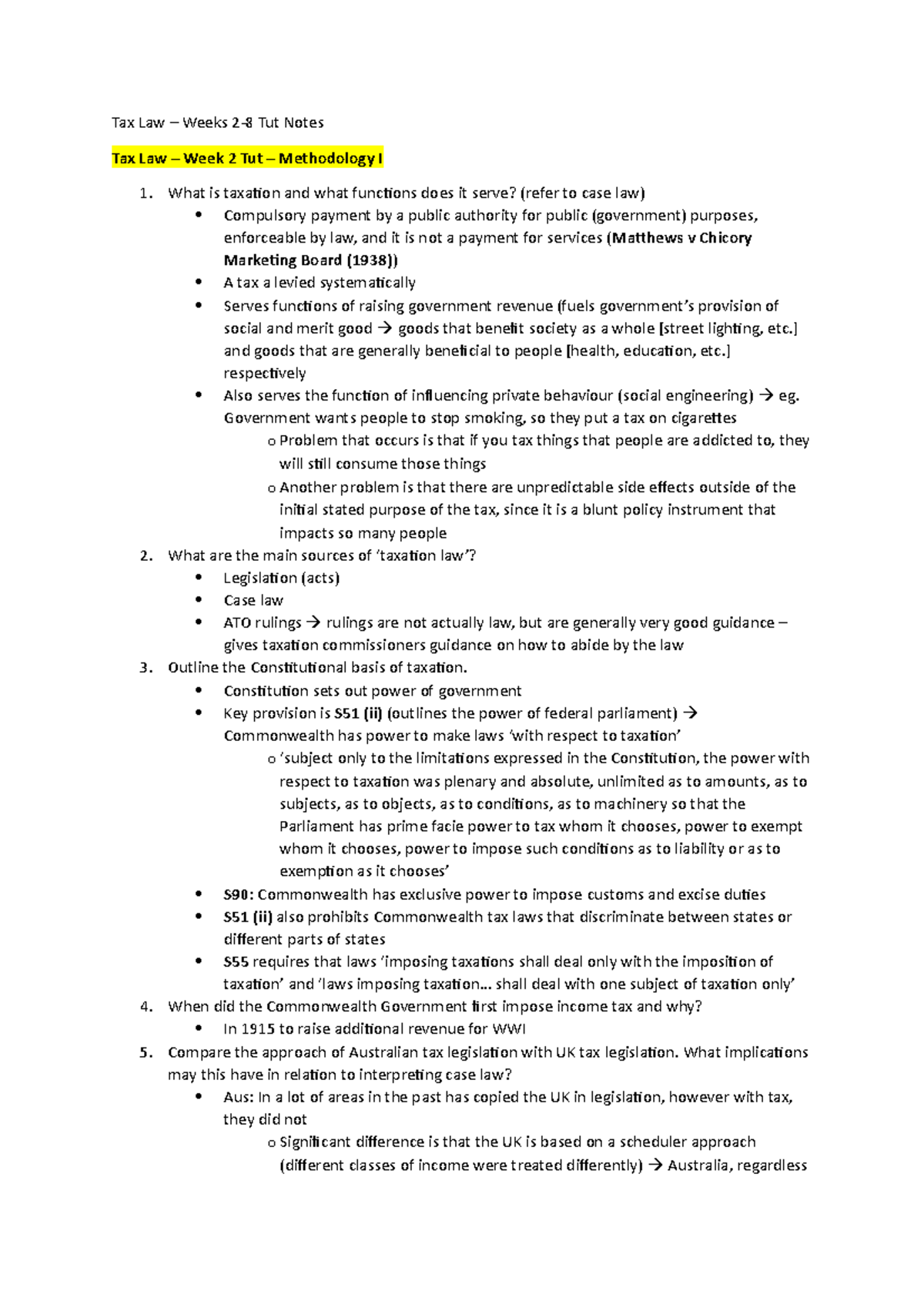 Tax Law Weeks 2 11 Tut Notes - What is taxation and what functions does ...