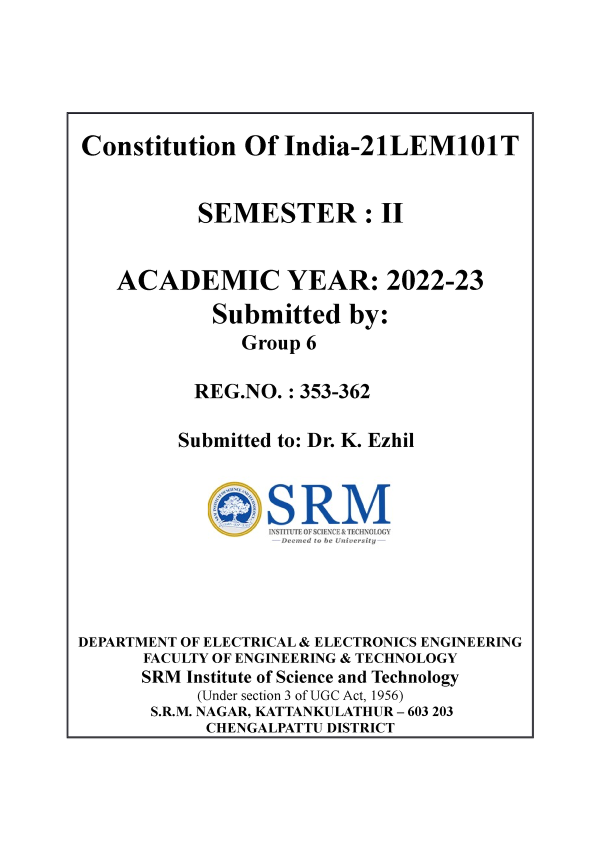 21EES101T- EEE Lab Practice - Constitution Of India-21LEM101T SEMESTER ...