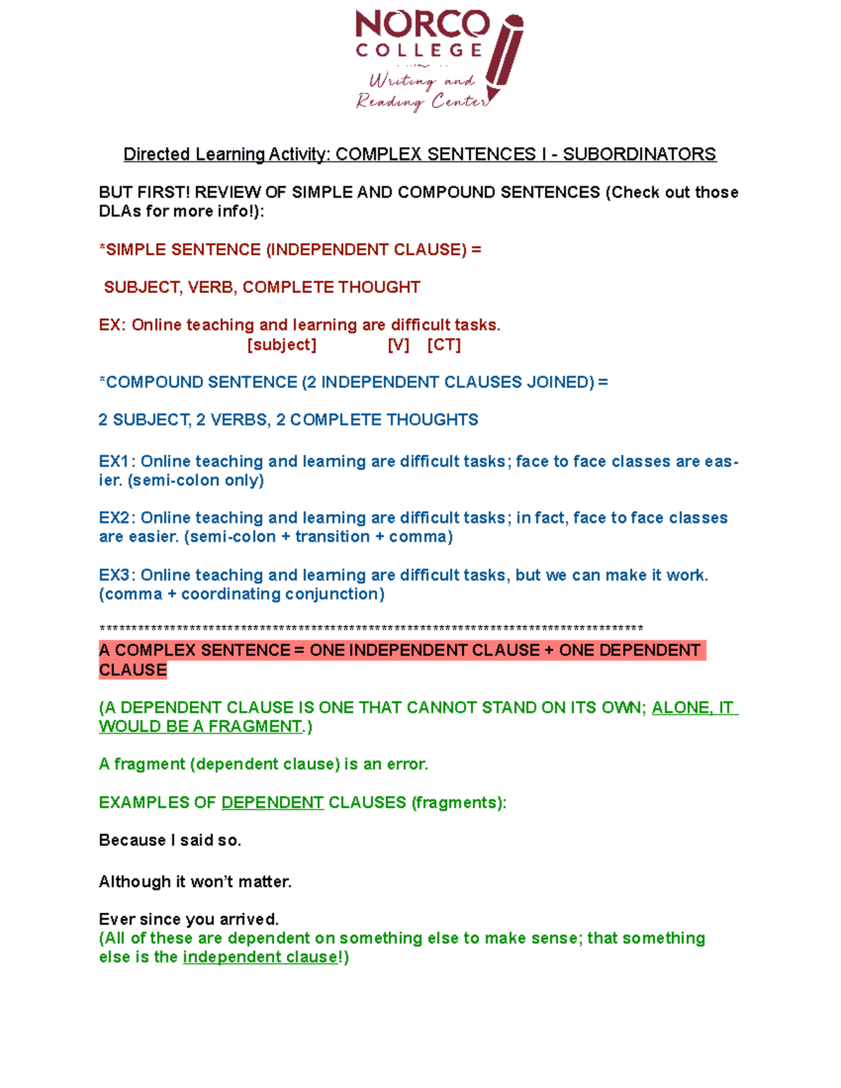 DLA - Complex Sentences 1-1 - Directed Learning Activity: COMPLEX ...