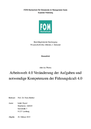 Arbeitswelt 4 0 Veranderung Der Aufgaben Und Notwendige Kompetenzen Der Fuhrungskraft Studocu