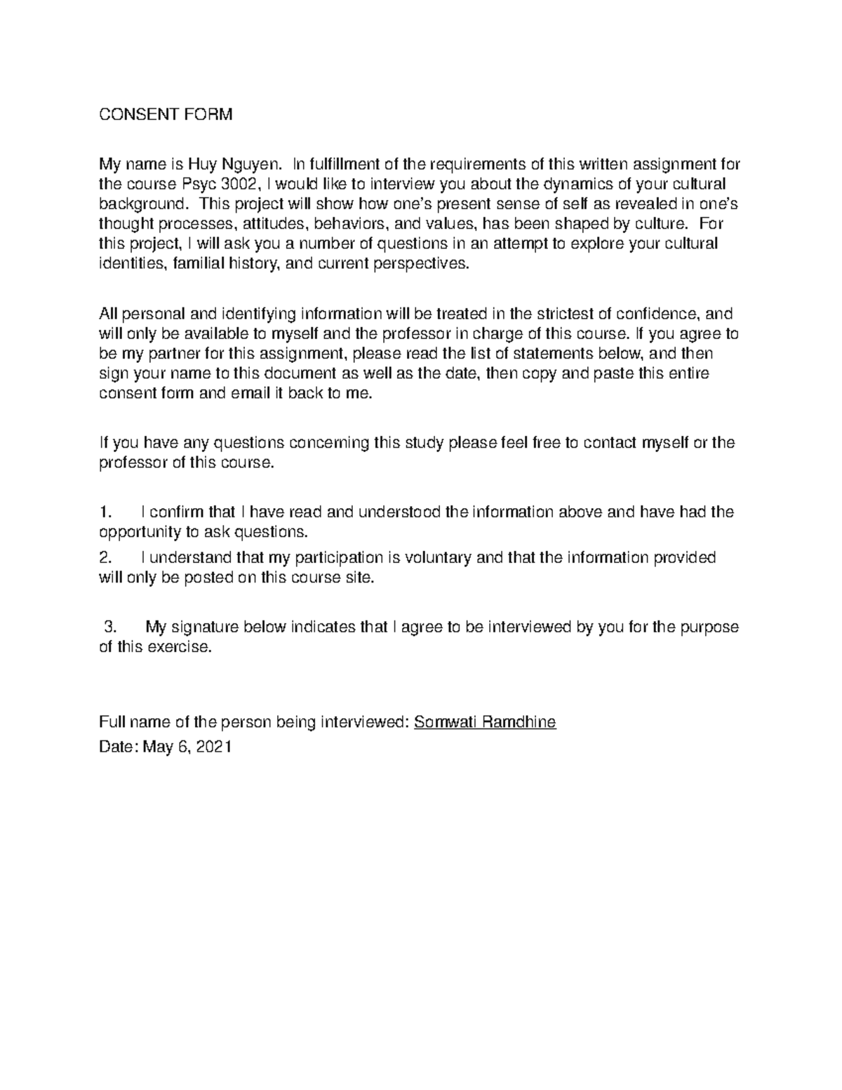 Consent FORM FROM HUY Nguyen - CONSENT FORM My name is Huy Nguyen. In ...