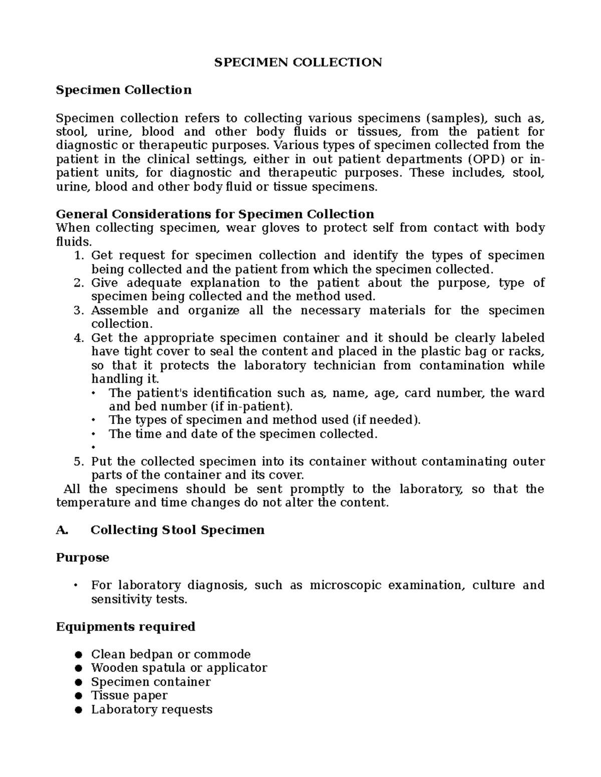 Specimen Collection SPECIMEN COLLECTION Specimen Collection Specimen