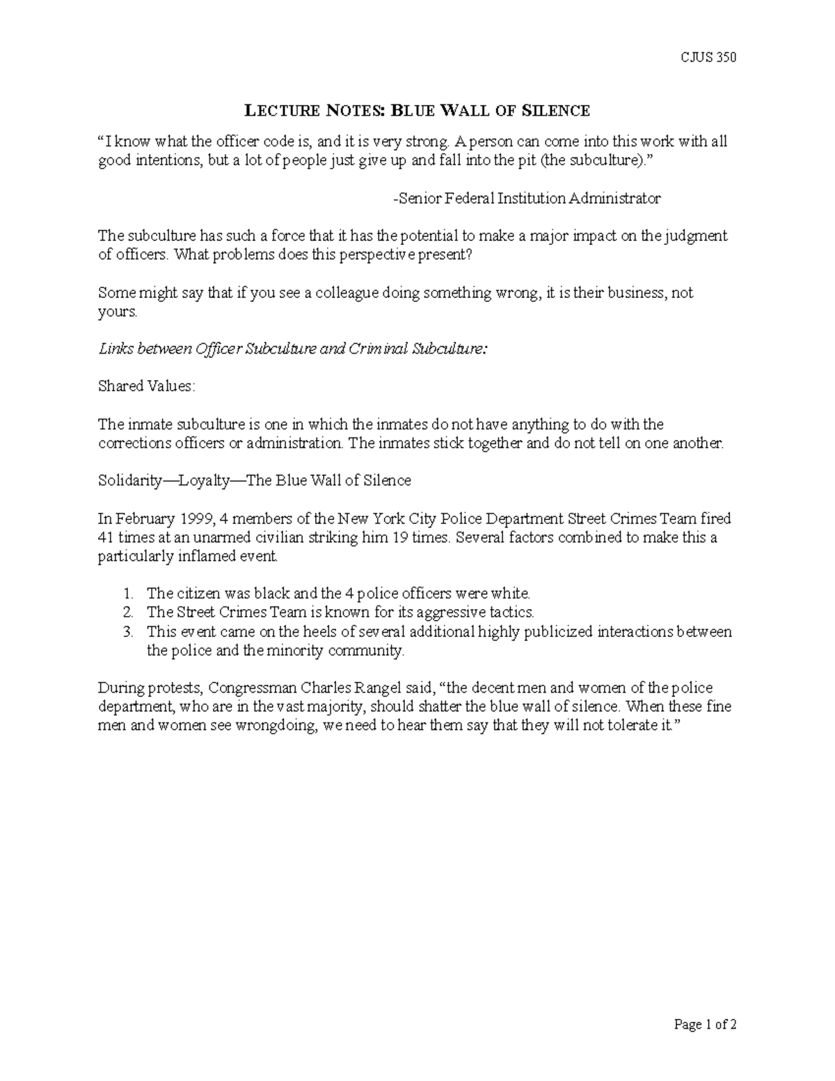 Lecture Notes Blue Wall of Silence CJUS 350 LECTURE NOTES BLUE WALL