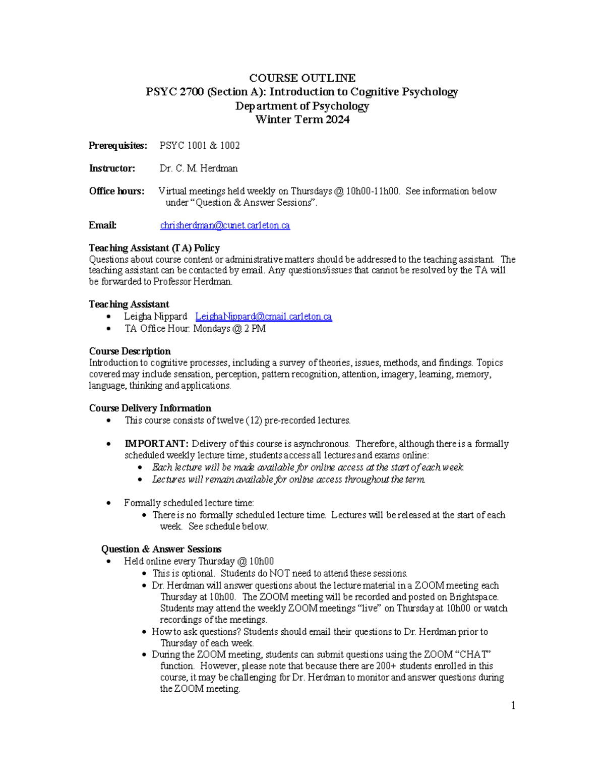 Course Syllabus Psyc 2700 Section B Winter 2024 - 1 COURSE OUTLINE PSYC ...