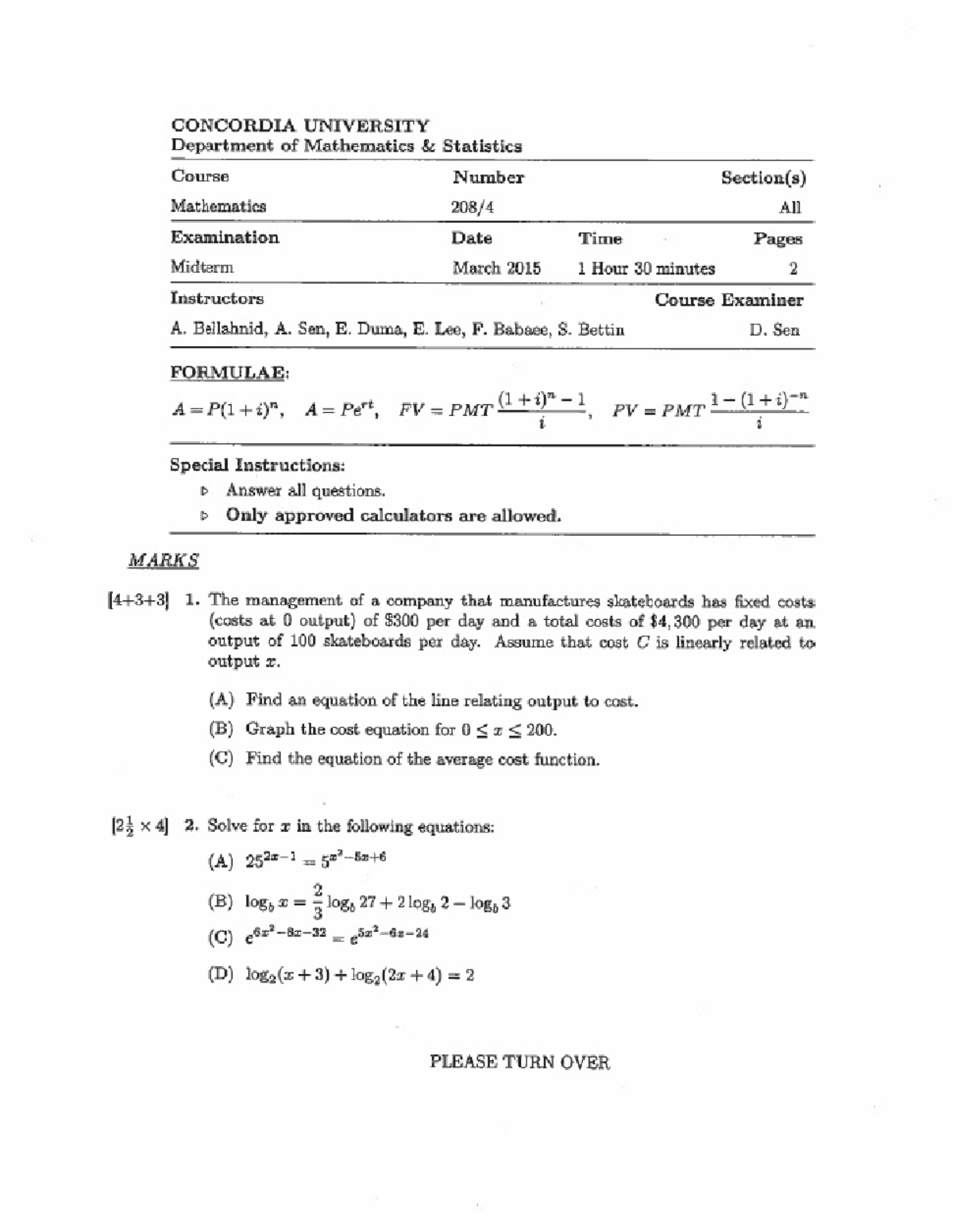 Exam March 2015, questions - MATH 208 - Concordia - Studocu