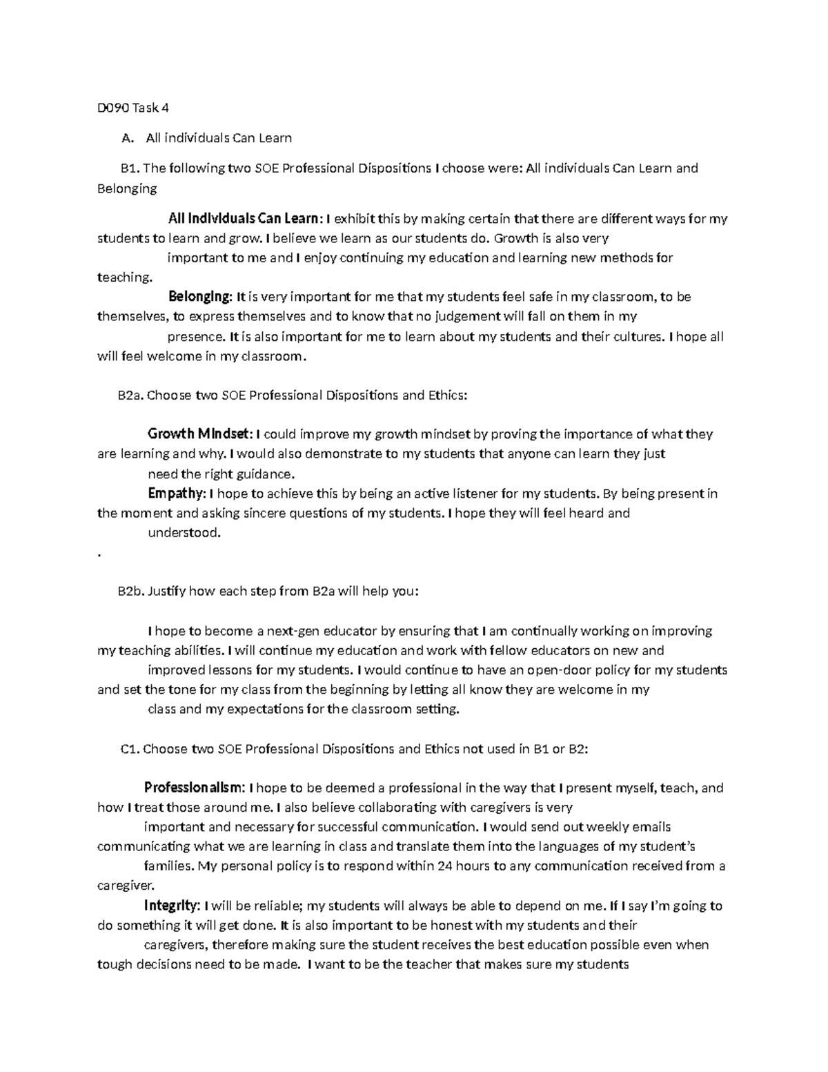 D090 Task 4 - N/A - D090 Task 4 A. All Individuals Can Learn B1. The ...