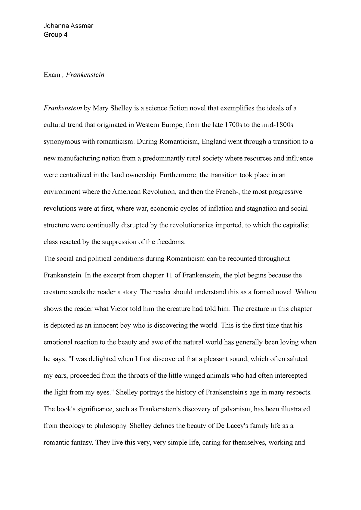 essay about novel frankenstein