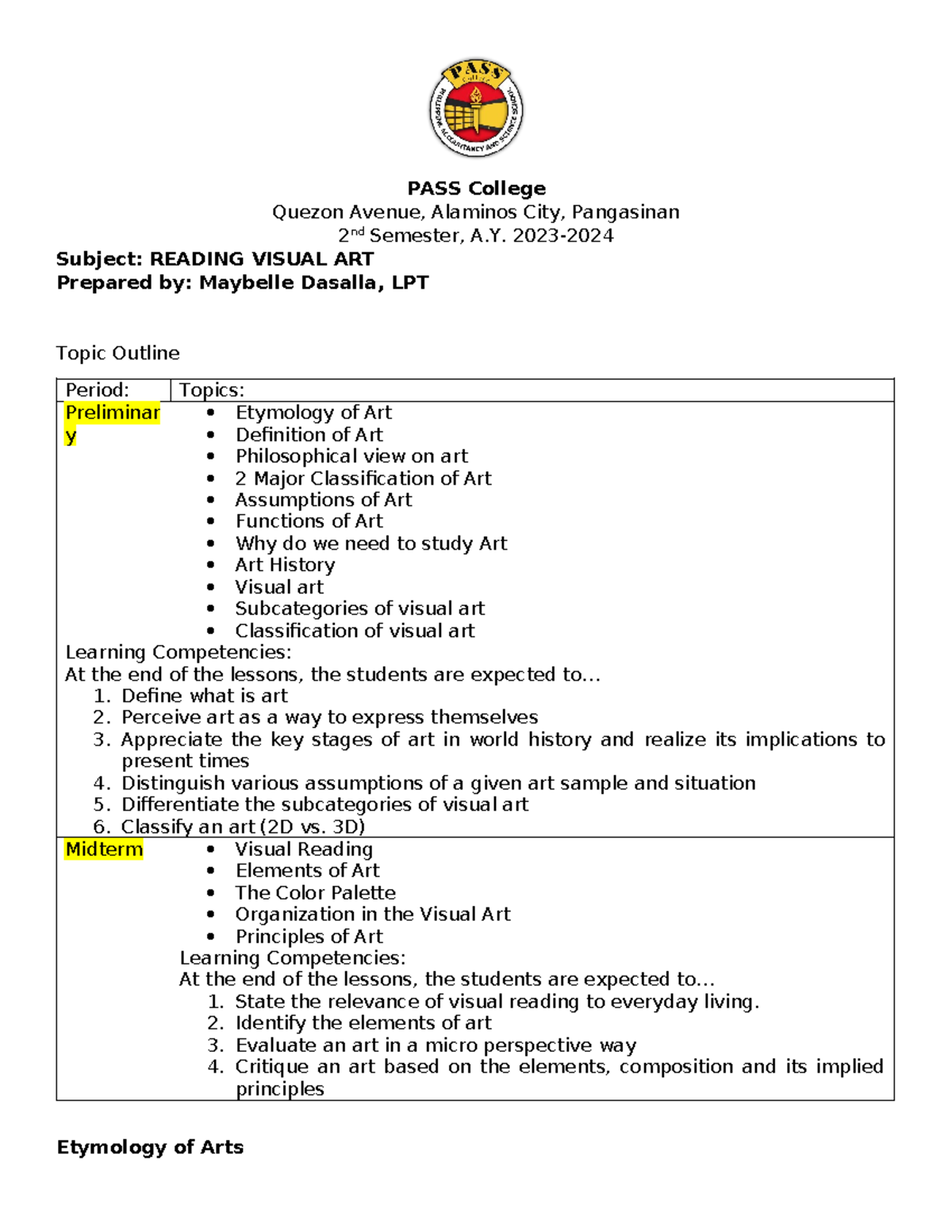 Visual Arts Prelim-Midterm-1 - PASS College Quezon Avenue, Alaminos ...