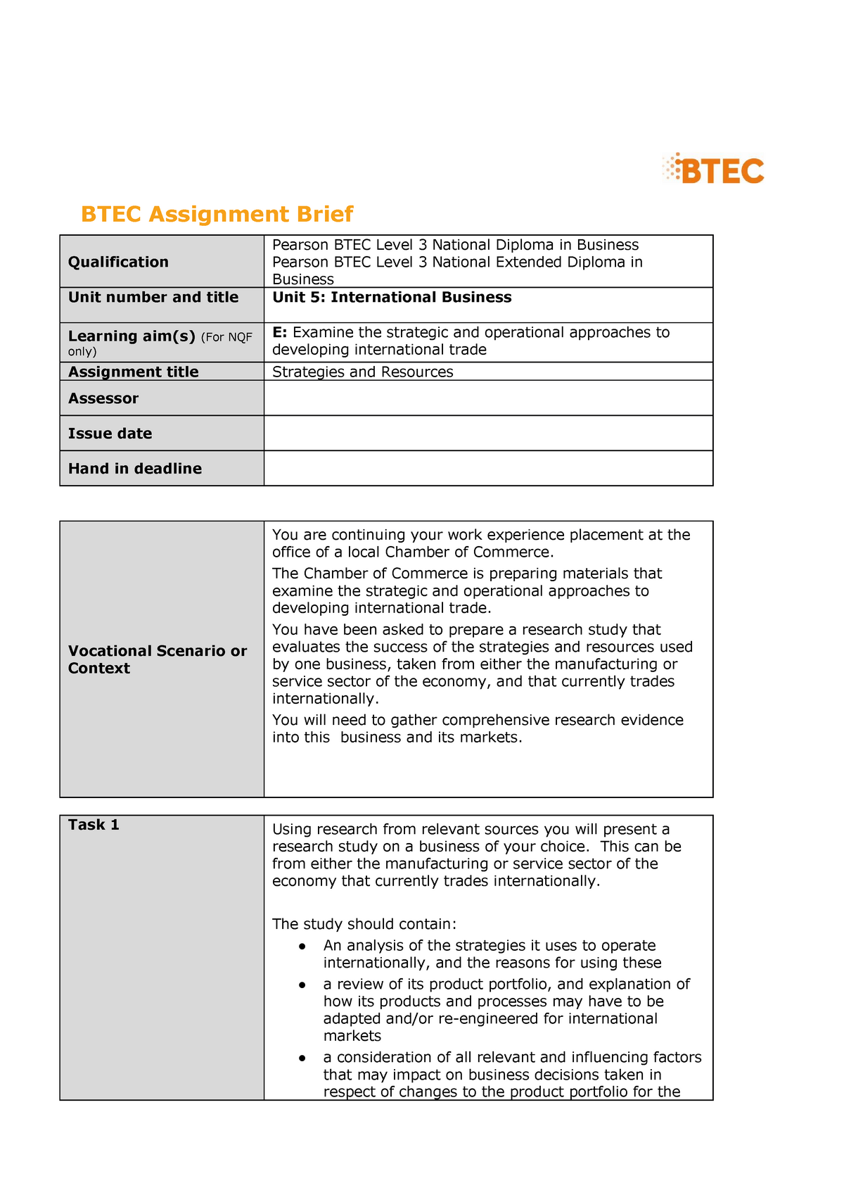 pearson btec authorised assignment briefs