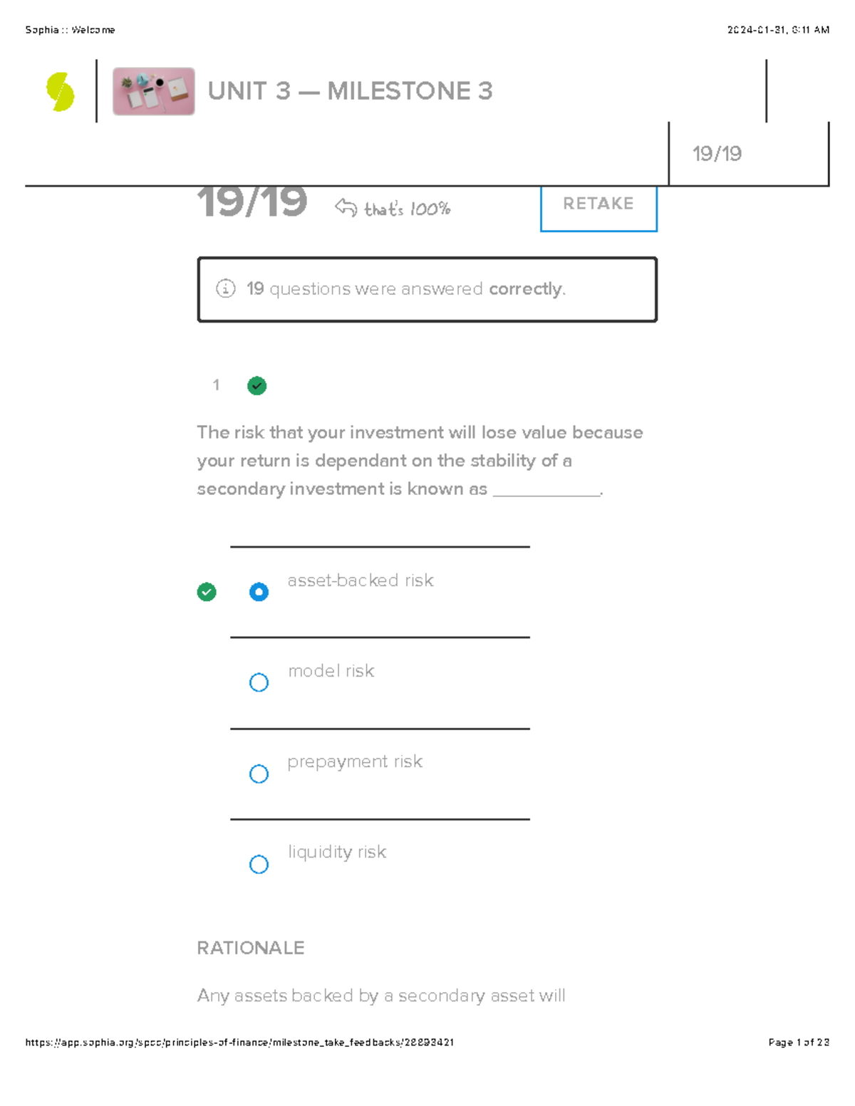 Sophia Principles Of Finance Unit 3 Milestone 3 - 1 19 / 19! That's 100 ...