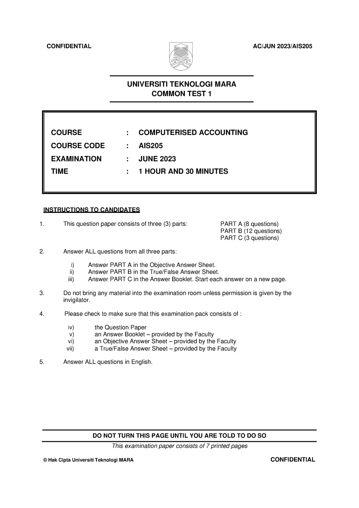 CT JUNE2023 AIS205 Q - ais quetion - COURSE : COMPUTERISED ACCOUNTING ...