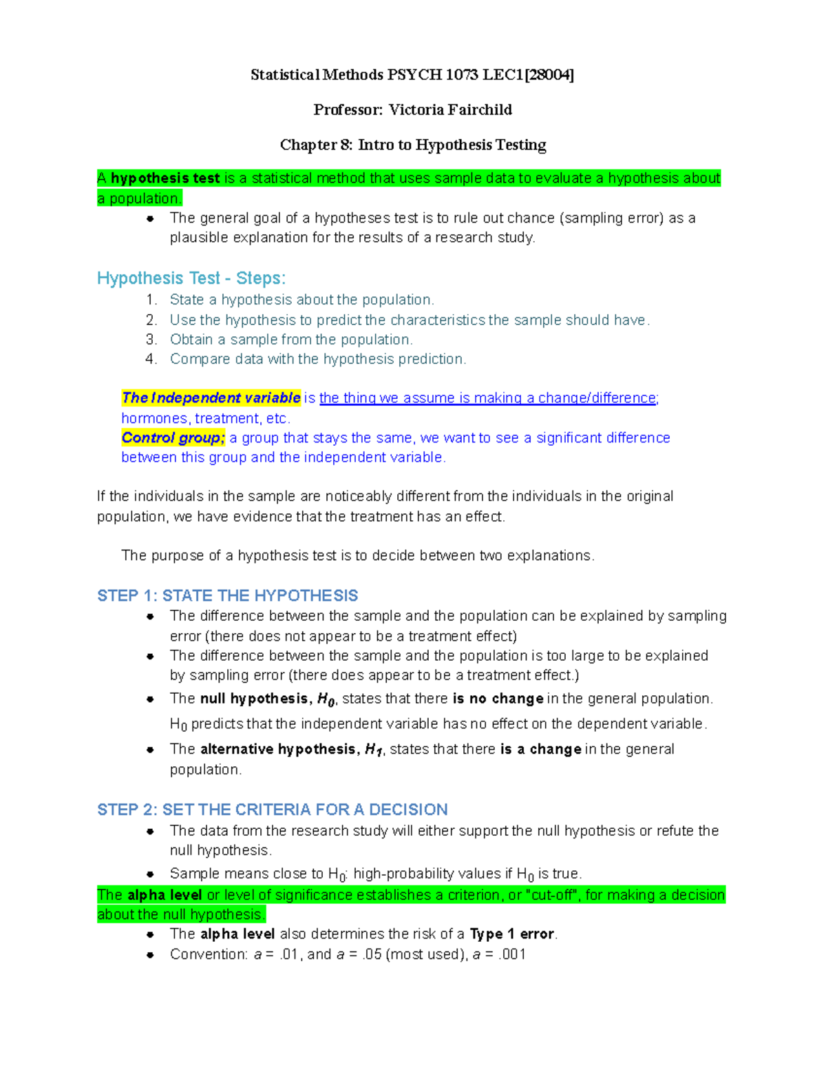 Stats Methods Chapter 8 - Professor: Victoria Fairchild Chapter 8 ...