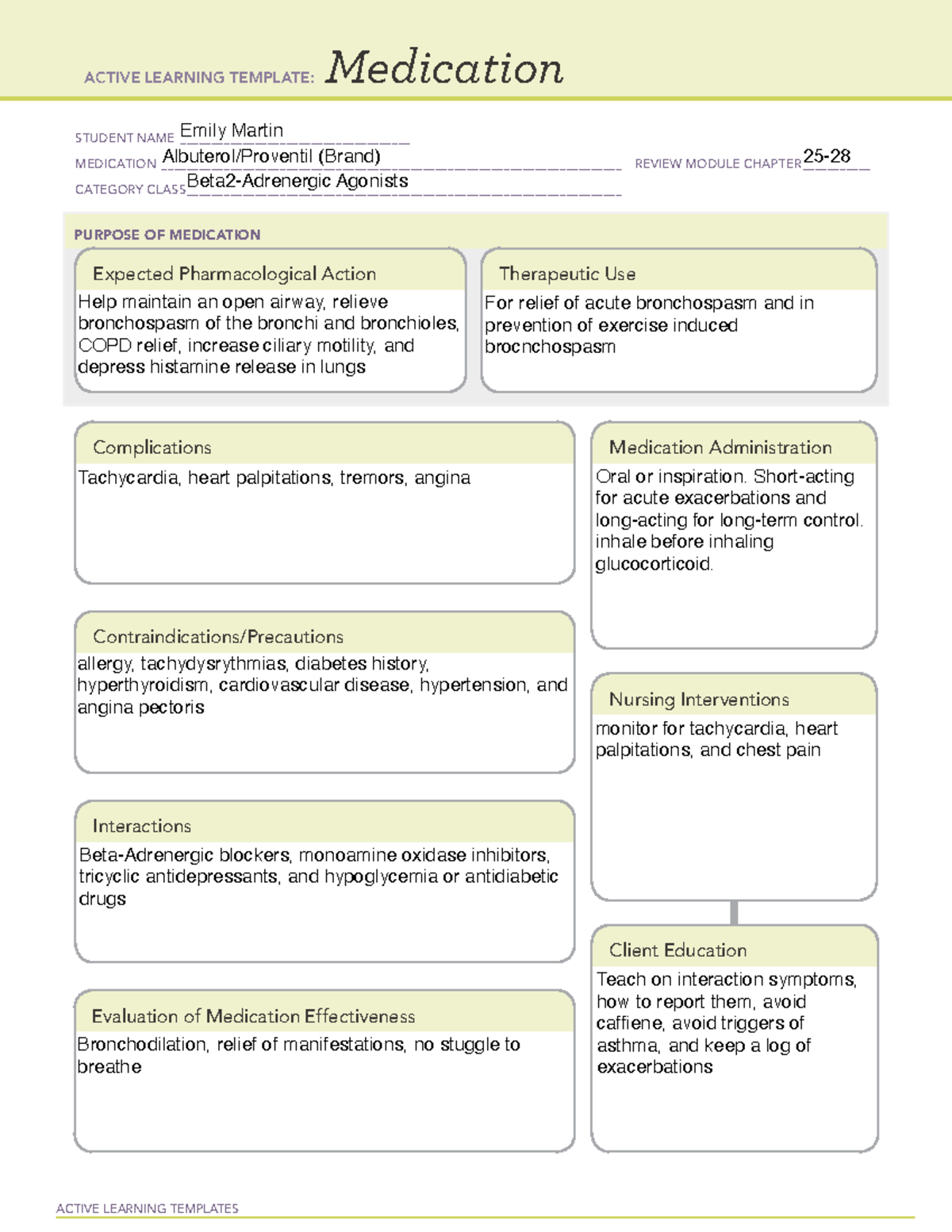 Albuterol - ACTIVE LEARNING TEMPLATES Medication STUDENT NAME