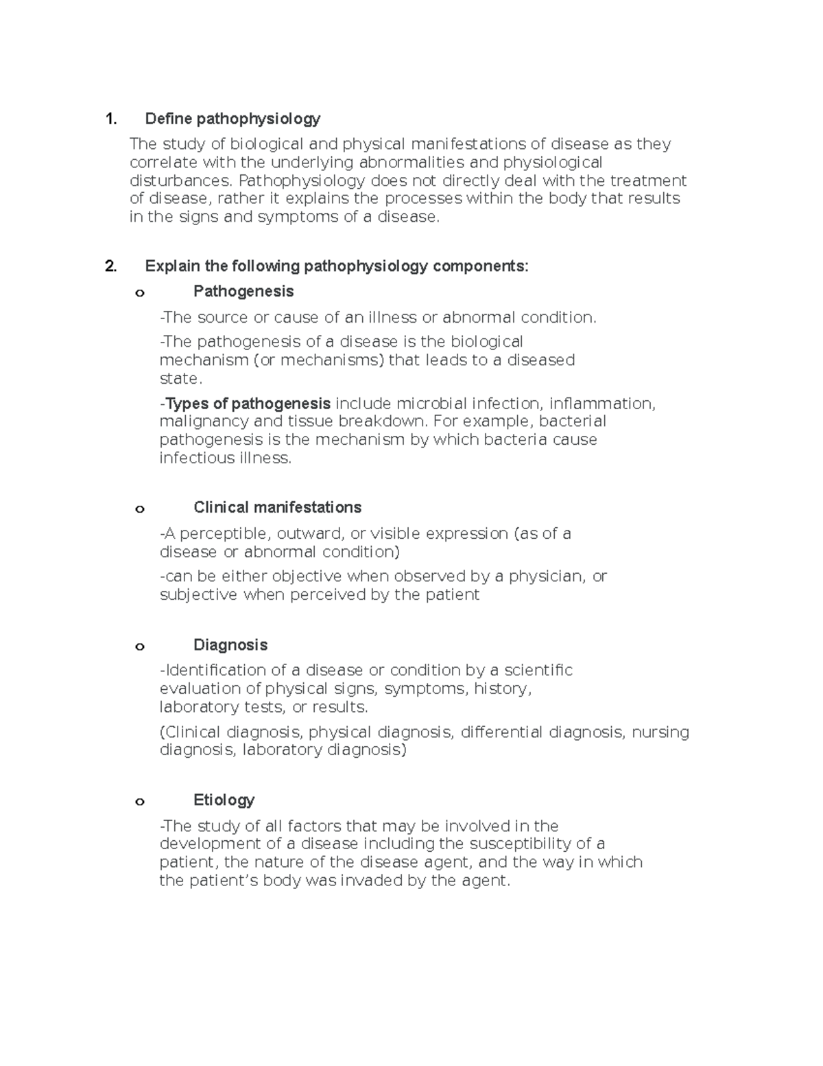 Pathophysiology Review Notes - 1. Define pathophysiology The study of ...