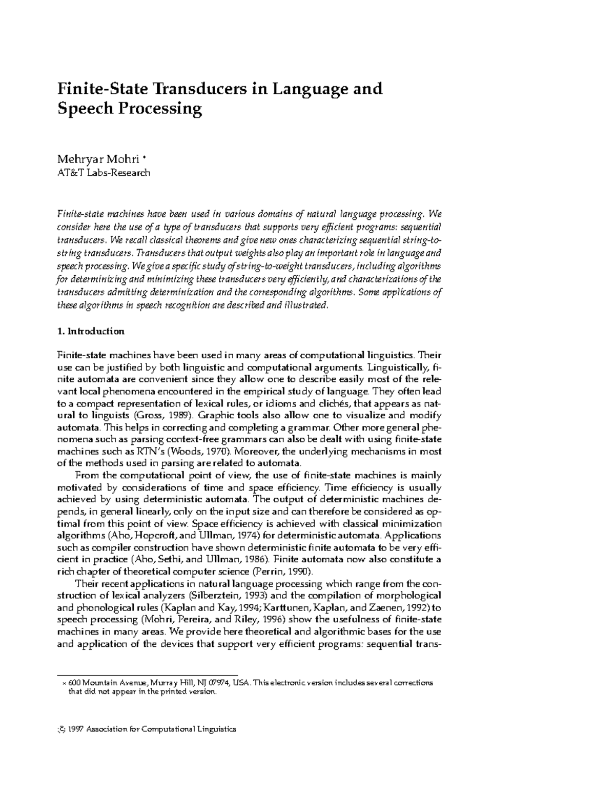 Finite-State Transducers in Language and Speech Processing - Finite ...