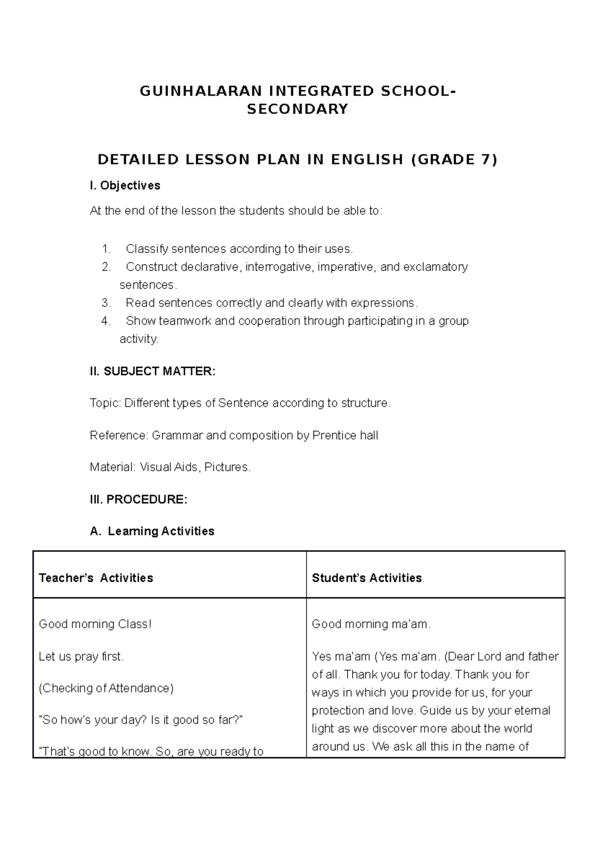 Sample Of English Lesson Plan For Primary School