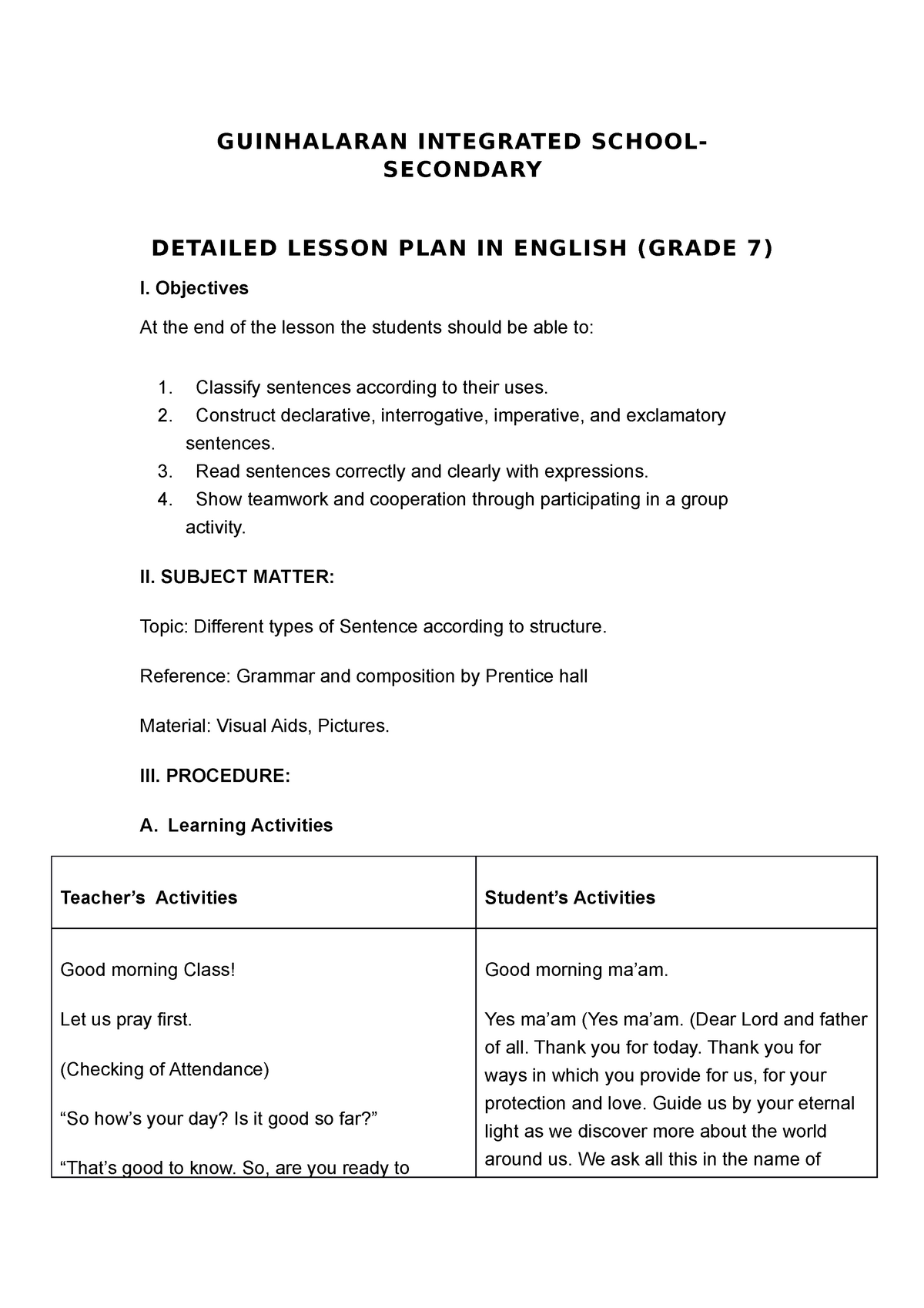 Detailed Lesson Plan In Grade 7 English Docx Detailed Lesson Plan In 