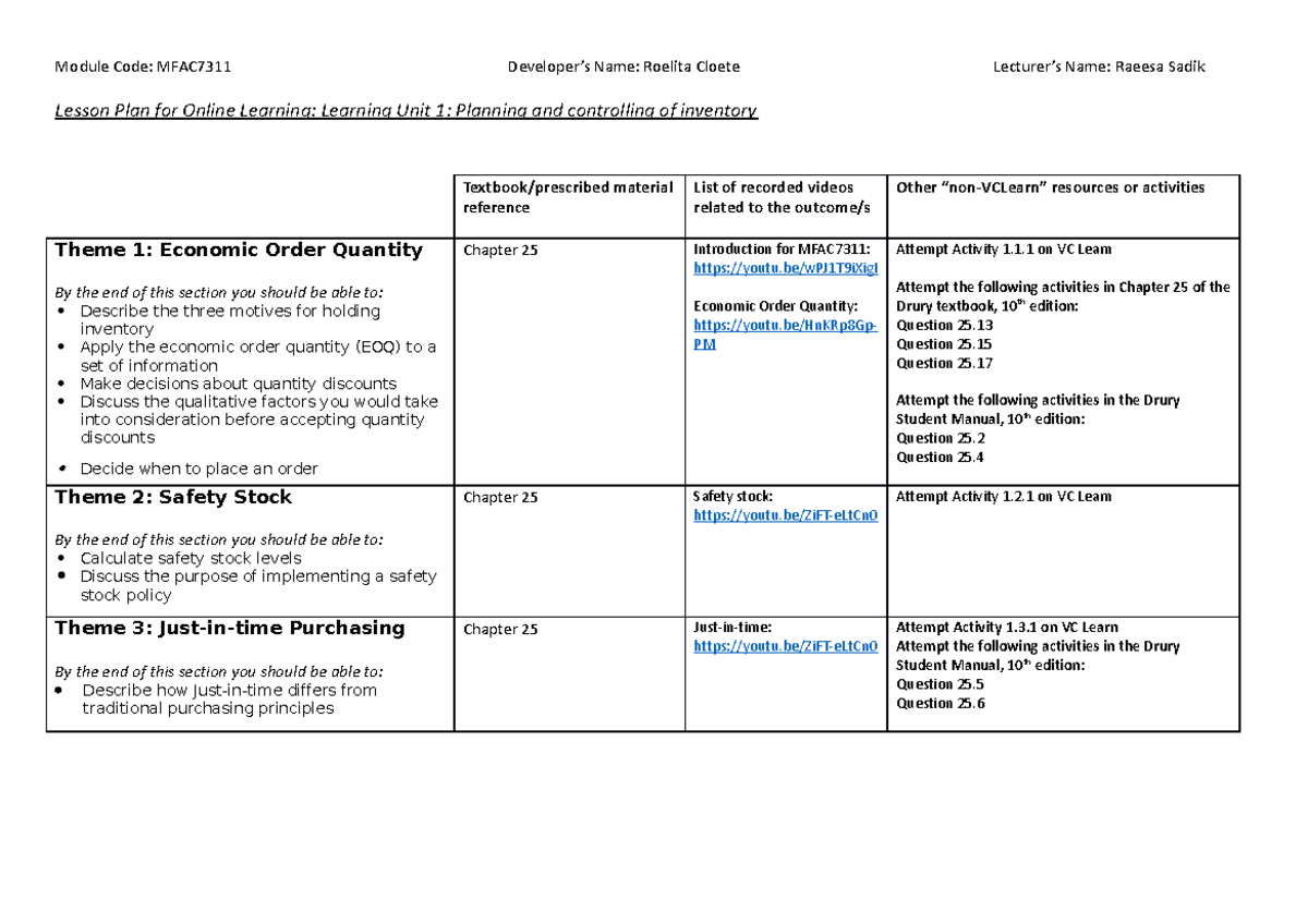Lesson Plan - LU1 - past papers - Module Code: MFAC7311 Developer’s ...
