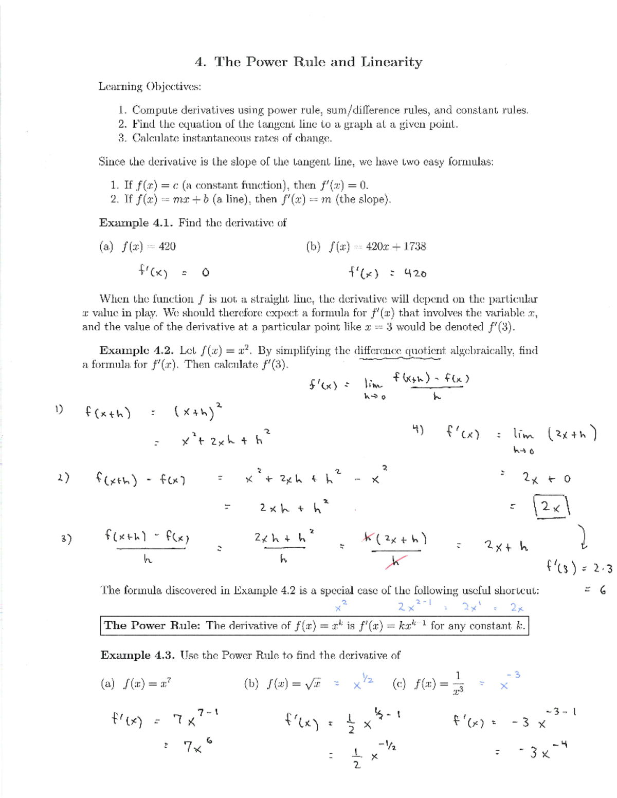 Section 4 notes - The Power Rule and Linearity - MAT 143 - Studocu