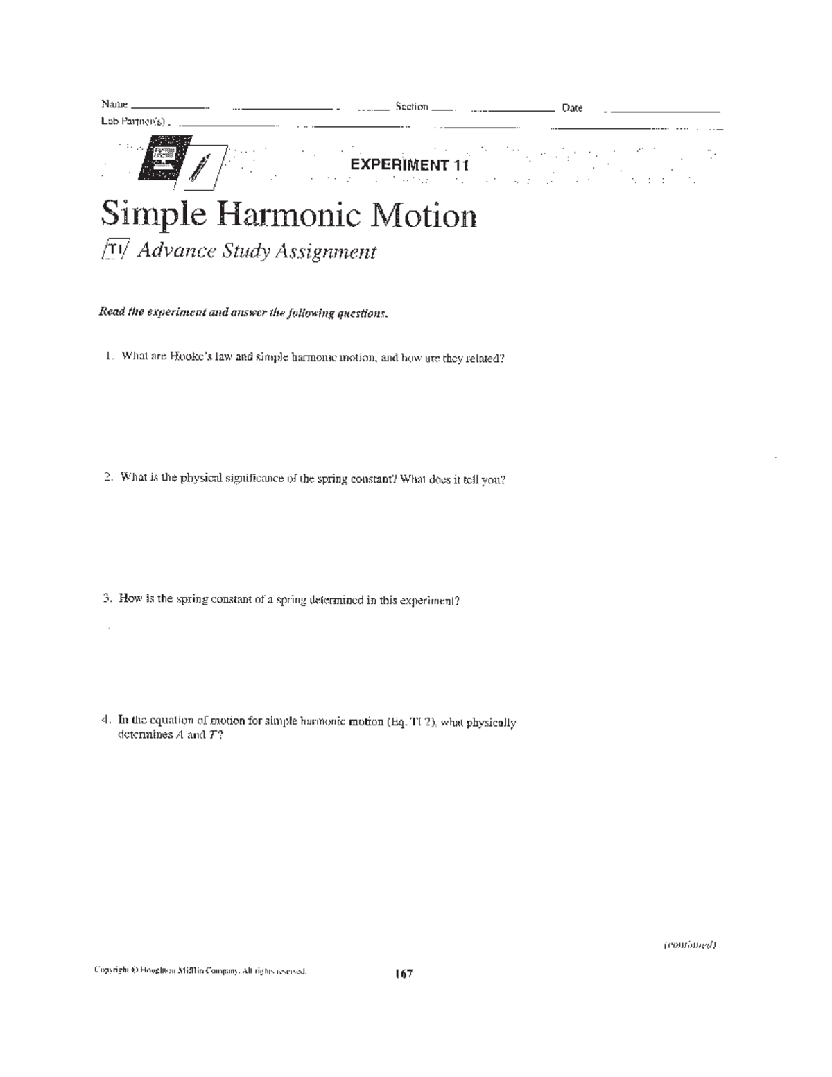 Hooks law SHM - Name Section Date Lab Partner(s) A EXPERIMENT 11 Simple ...