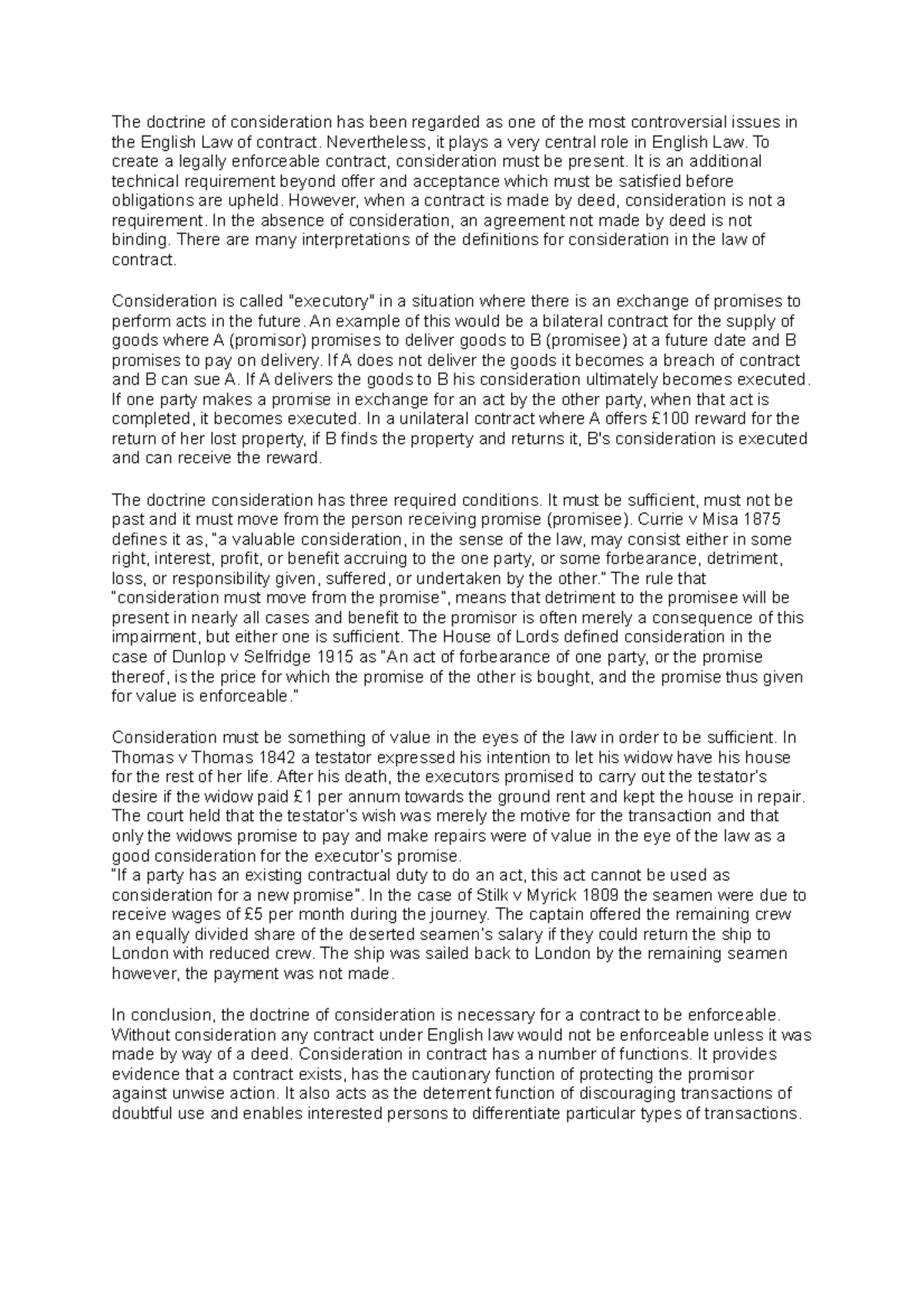 Consideration Law- Contract- copy - The doctrine of consideration has ...