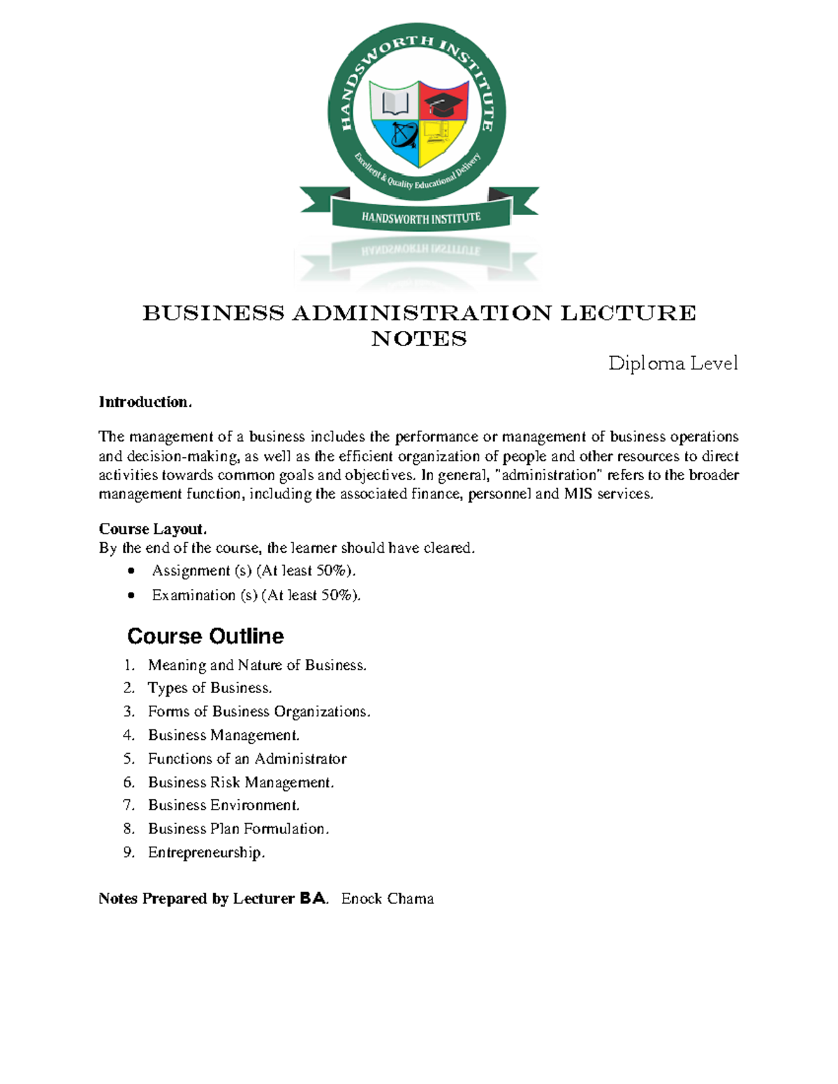 Business Administration Lecture Notes - Business Administration Lecture ...