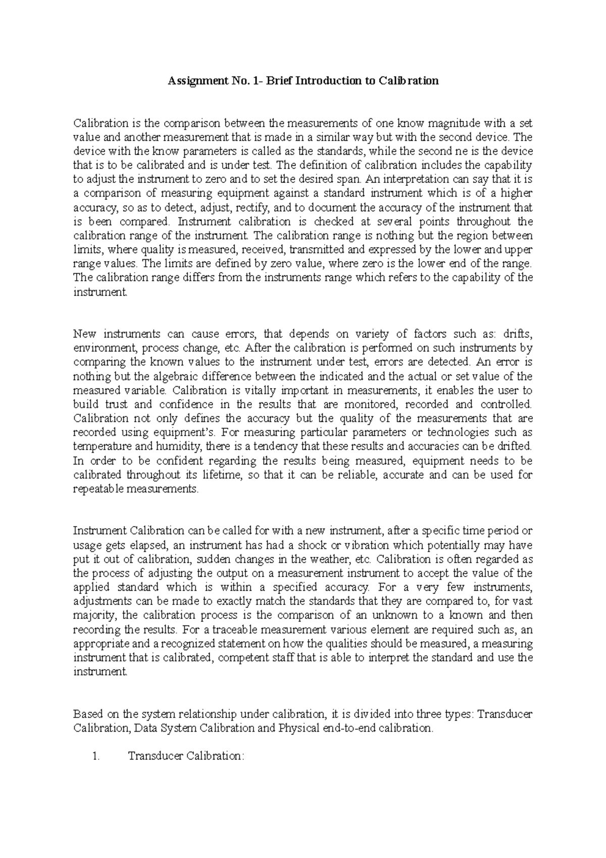 Calibration Report Assignment No. 1 Brief Introduction to
