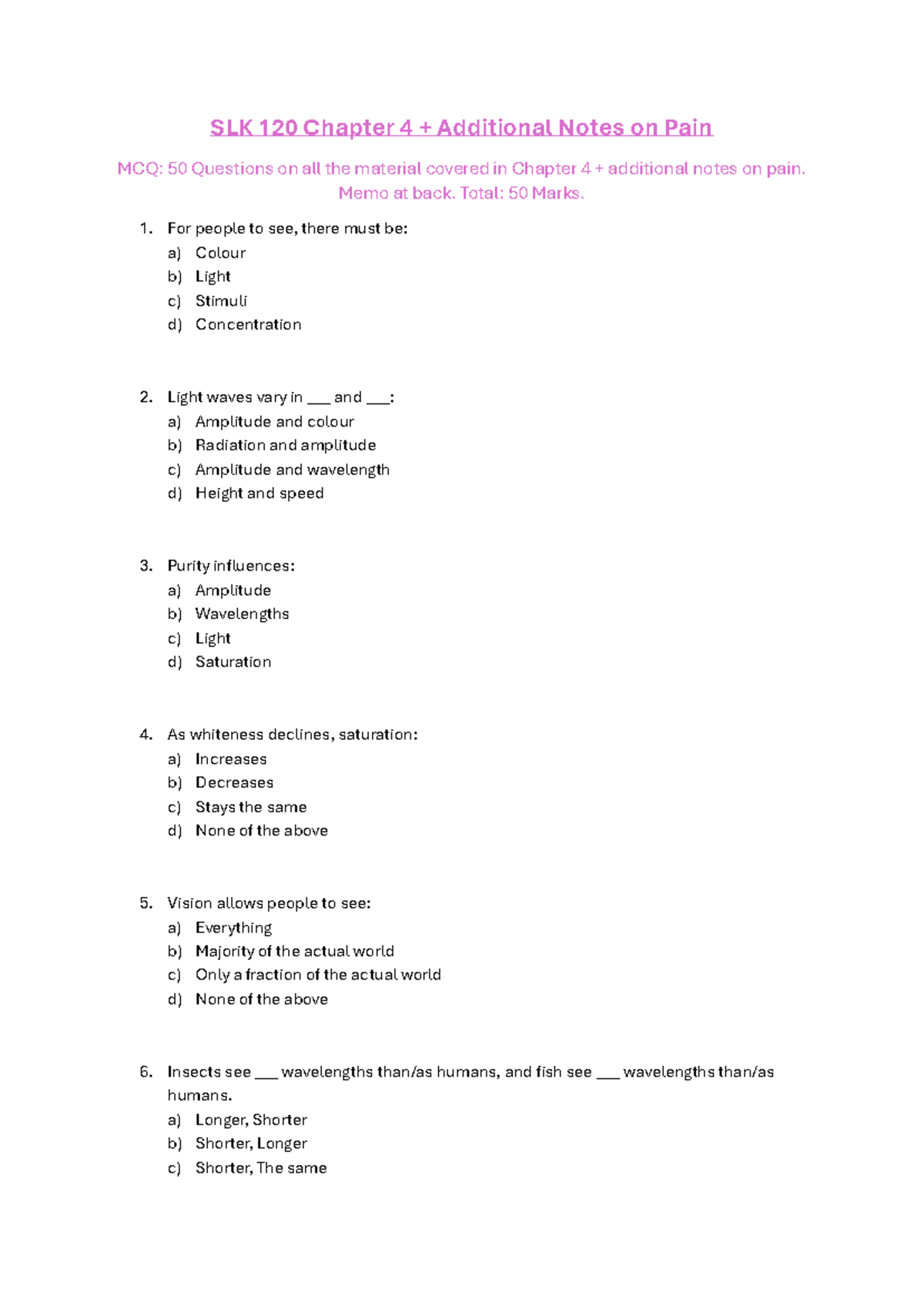 SLK120 Practice MCQ Chapter 4 - SLK 120 Chapter 4 + Additional Notes on ...